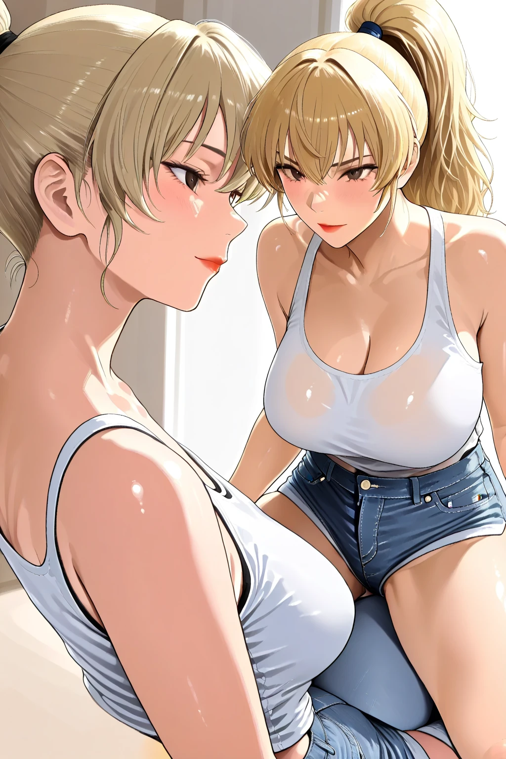 score_9, score_8_up, score_7_up, score_6_up, score_5_up, score_4_up, bokeh effect, rich color saturation, film grain texture, analog photography aesthetic, visual storytelling, dynamic composition, ((2 girls)), ((1 futanari)), ((futanari kugisaki_nobara)), ((massive penis)), ((massive testicles)), smug face,((big ass)), ((big breast)), ((cum)), toned, (receiving a blowjob), BREAK, ((1 girls)), ((lucy_heartfilia giving a blowjob)), ((blowjob)), ((big ass)), ((big breast)), ((cum)), toned, shorts