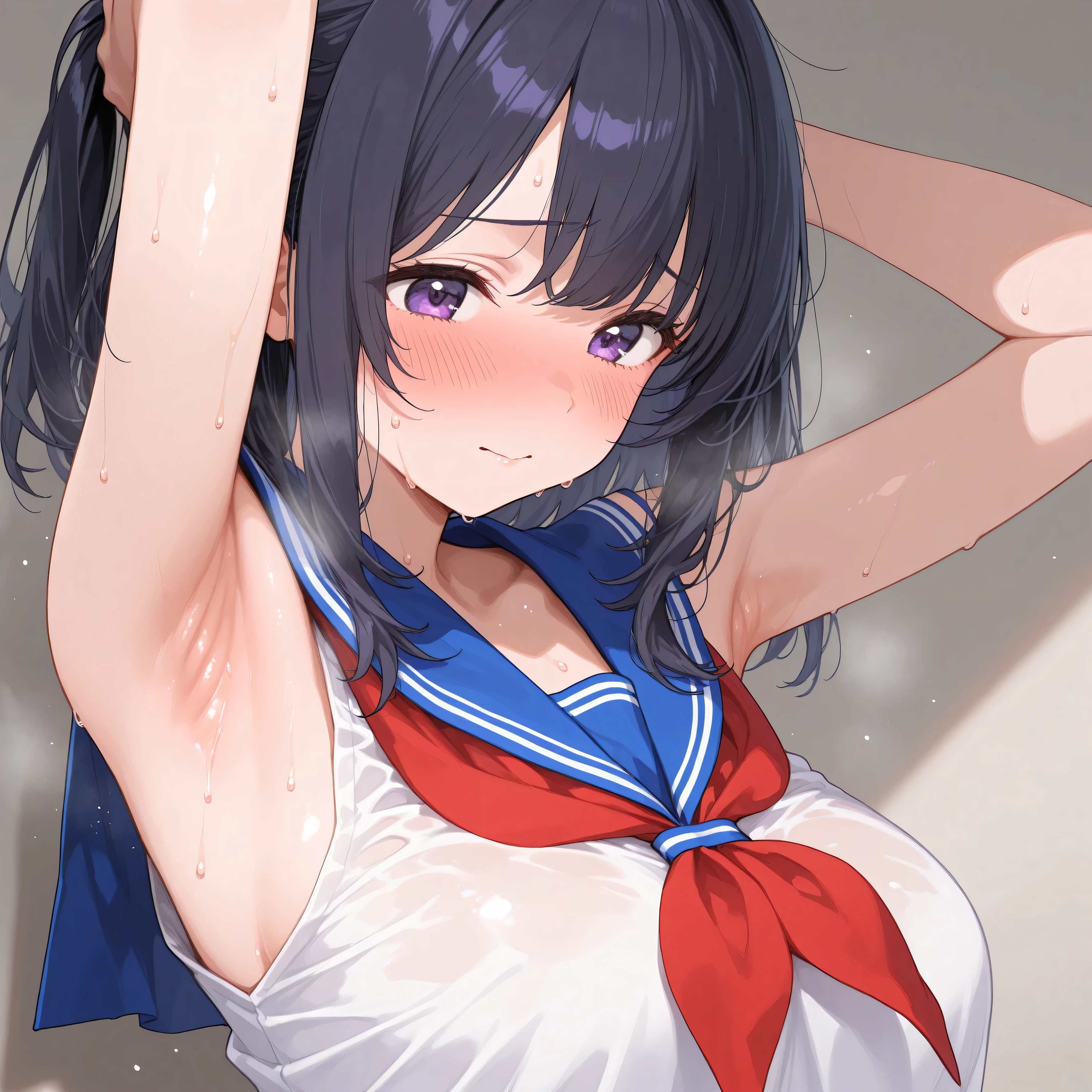 sleeveless sailor fit cosplay, high quality charmy armpit, sweat, shy face, focus armpit