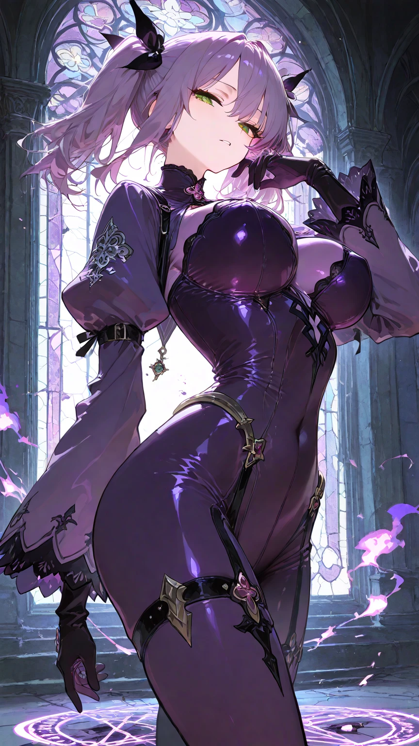 An adult woman half dragon, wide breasts, blue eyes, purple hair, very shy, very sexy, underwear, lying down
