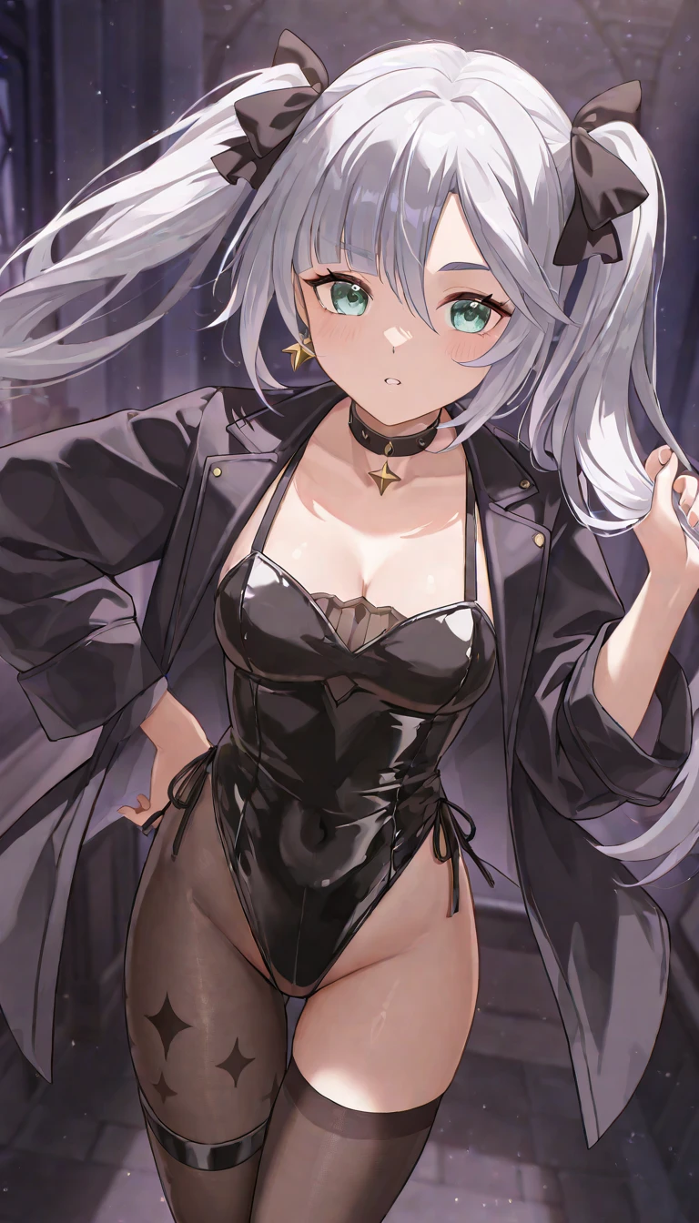 A 20-year-old cat girl with long black hair, gray eyes, cat ears and a cat tail, wears glasses, a sexy black evening dress that reaches to her feet, ยืน ก้มลงและมองลง