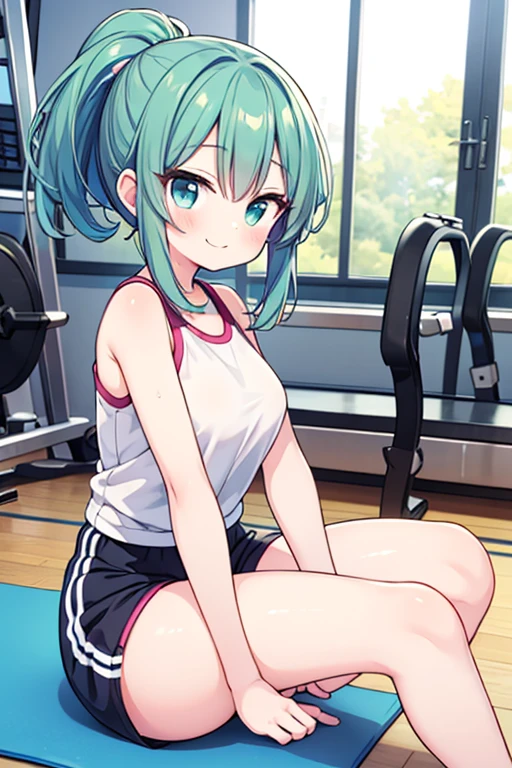 Girl with short green hair, The chest is medium, Green Eyes, 、(tits),Full body photo from head to toe,、cloth、(Clear Face)(Best Quality, High resolution, Super detailed),, (Vivid and colorful, The chest is clearly in focus),(Soft Breasts:1.2、,、、Exposed chest,Full body photo from head to toe、、Lift the chest,、A viscous, cloudy liquid is on my body,M-shaped legs,yoga、stretch、Relax Mode、Training wear、Spread your legs and stretch your legs、New Gymnastics、Lying down、