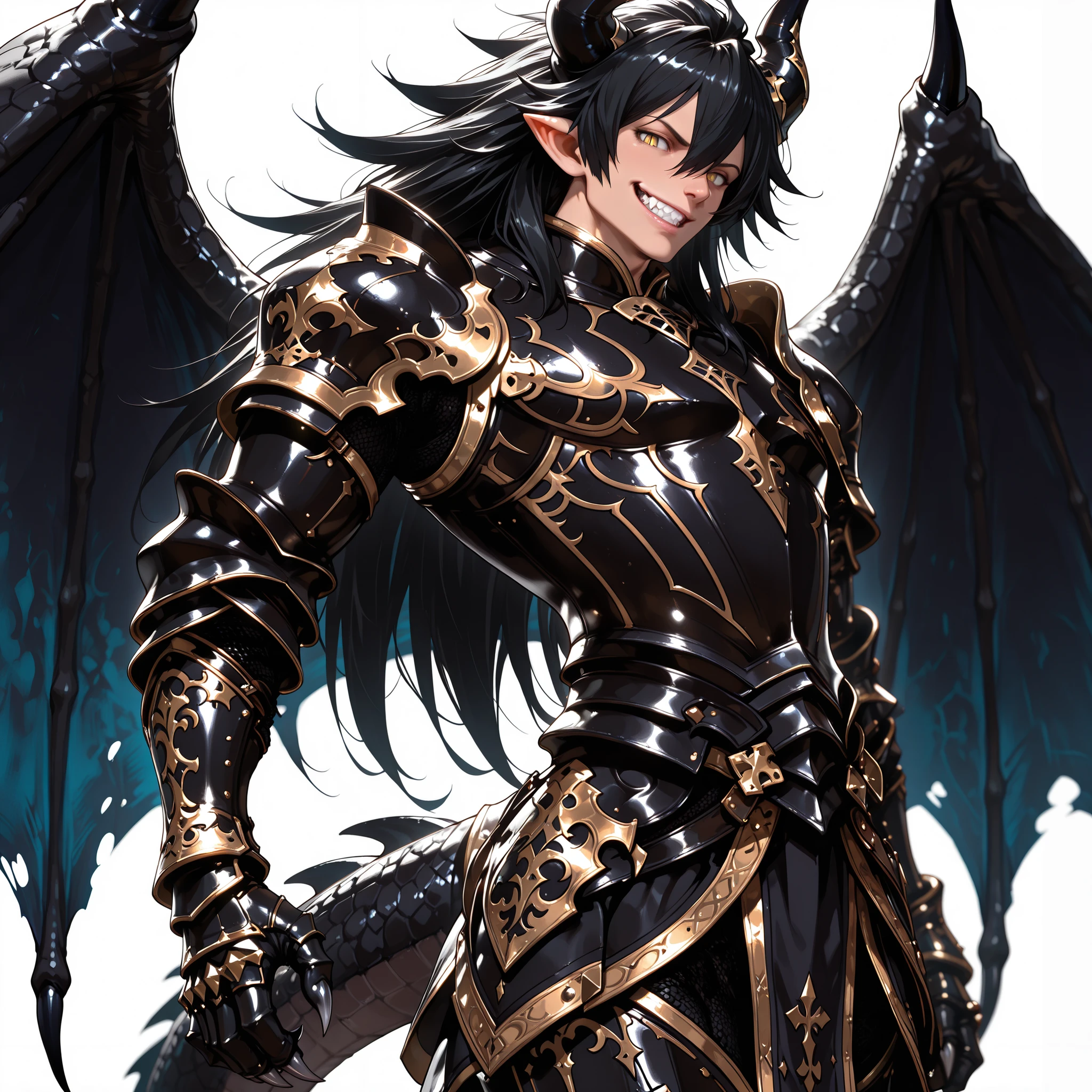 score_9, score_8_up, score_7_up, absurdres, (((128K Ultra High Resolution))), (masterpiece, best quality: 1. 5), (high definition: 1, 4), (highres), 8K wallpaper, (excellent graphics: 1. 5), CG, (((Japanese Anime style))), (Granblue Fantasy), (1 male), solo, ((lean body, masculine))), weredragon, glossy black, shiny black leather, (((beautiful golden eyes, finely detailed eyes, bright eyes, slit pupils)), (hair between eyes, black hair, long straight hair, silken hair, sideburns, wild hair), (sly grin, sinister grin, smirk: 1. 3), ((teeth)), confident, (((ultra detailed face))), shiny skin, long pointy ears, twisted torso, long-legged, sculpted face, wasp waist, ((dragon horn, dragon tail, dragon wings, dragon sharp claws)), (black armor with a lot of grandiose decorations: 1. 5), half dragon half human, (dramatic angle, dynamic pose: 1. 5), (ultra detailed black armor, well-polished black armor: 1. 5), (gold-adorned armor: 1. 5), all black outfit, (((cowboy shot))), sharp focus, good-looking man, (best illustration, highly detailed artwork: 1. 5), (cinematic, dramatic lighting: 1. 5), (intricate detail, extreme detailed, super detailed: 1. 5), chiseled features, (stark contrast, heavy shadows: 1. 3), (((detailed black decorations))), (beautiful & aesthetic), photoreal, ((from side)), (mysteriously crafted black metal armor: 1. 5), thick & luxuriant hair, (ultra detailed fantasy black armor, wonderful black armor: 1. 5), (((realistic metal texture))), broad shoulder, true-to-life visuals, artistically refined, (extremely delicate & beautiful armor, elaborate armor details: 1. 5), (giant black armor, dark armor, stylized armor: 1, 5), (extremely detailed armor with intricate engravings, intricate armor with gold ornaments: 1. 5), ((very gorgeous and dazzling)), (dark fantasy black knight: 1. 5), slim waistlines, wide chested, sinewy body, (Hyper Detailed & Perfectly Designed Black Armor: 1. 5), ((simple white background))