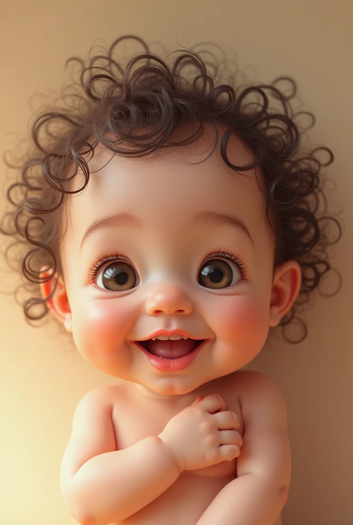 Pixar animation little 2 year old boy with wild dark curly hair with fair skin and a wide smile showing all teeth
