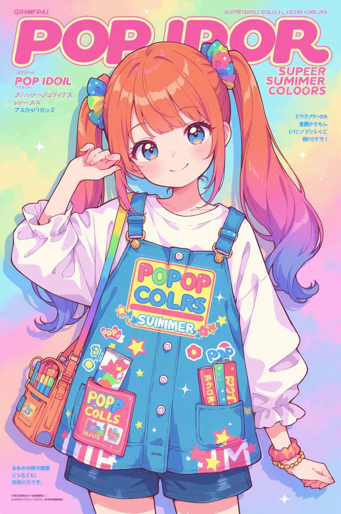 Super Quality, Gravure Style, pop idol style, twin tails, Adorable Smile, casual brand clothes, accessories, using pop colors, colorful background, magazine design, summer cover style
