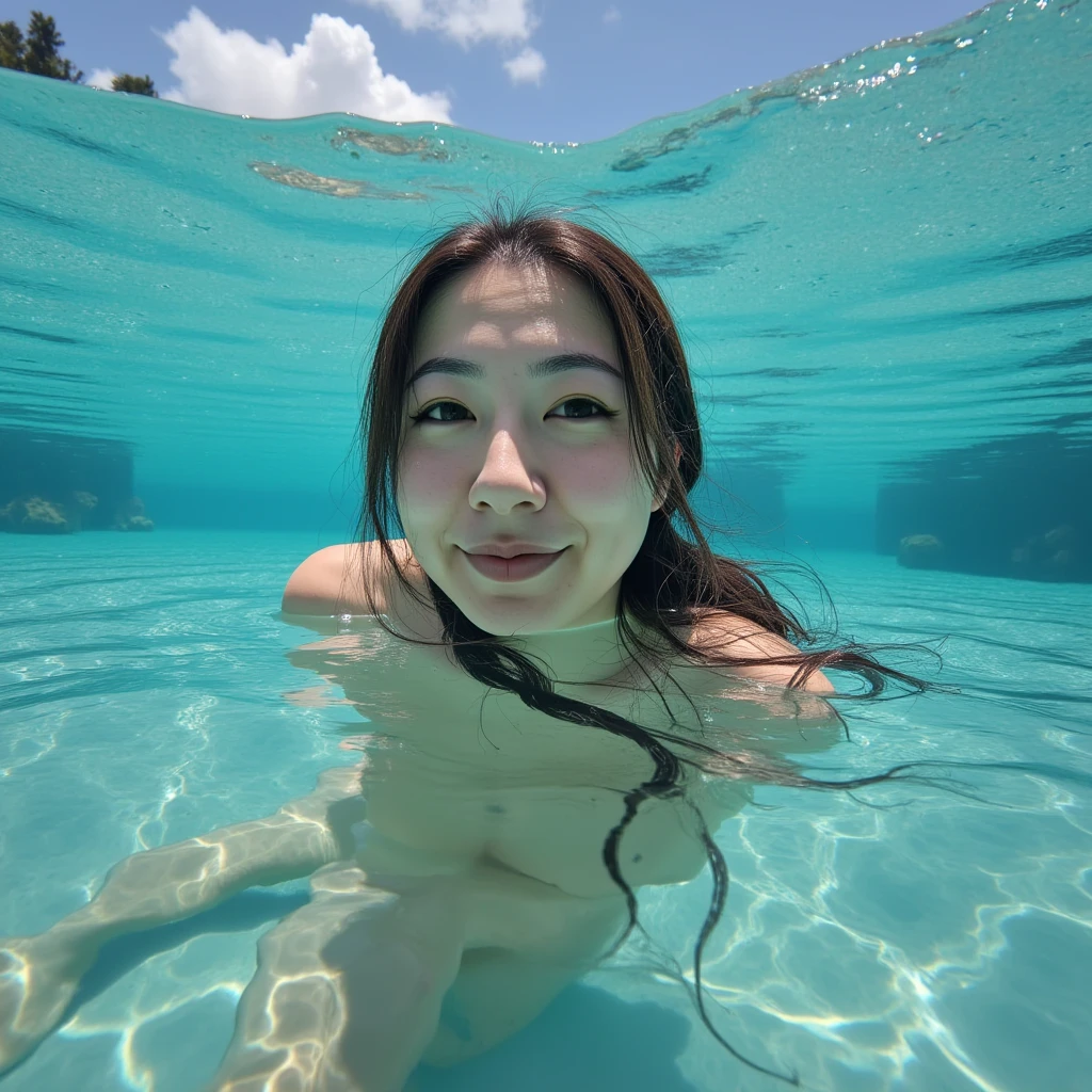Adorable, Seaside, Japanese Girls,12 years old、 (Portraiture, close:1.2),Exposed forehead,Medium Hair ,( cheek,Glossy Lips:1), All Nude, View your audience, ,Sweaty, (Baby Face), (Embarrassing, smile:0.7), (Pale skin:1), (Place your hands behind your back), sunset, catch_Light, (Thin pubic hair)、Insert a large erect penis
