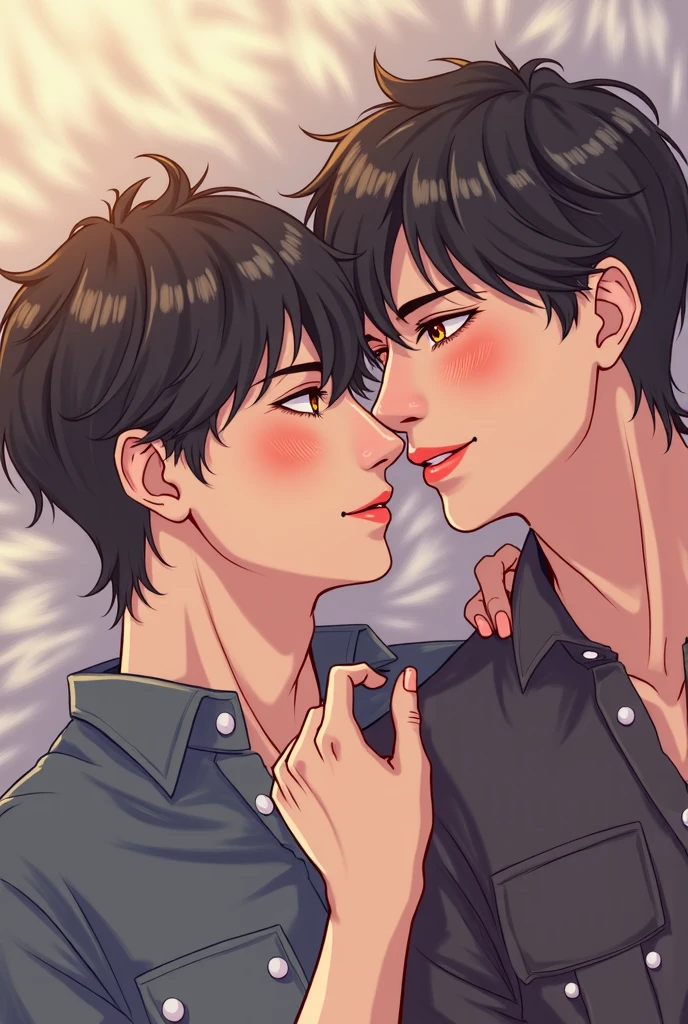 Best quality, masterpiece, very detailed, detailed background anime boys standing in the ocean, birds flying around, anime beautiful peace scene, Superb, stunning, ultra high image quality, realistic, two 18 yo boys, (beautiful face 1.4), (big, constricted waist), short brown hair, bokeh, BL, muscle, beautiful light, shiny skin, small head, shirtless, , hug, kissing on lips, feeling love,