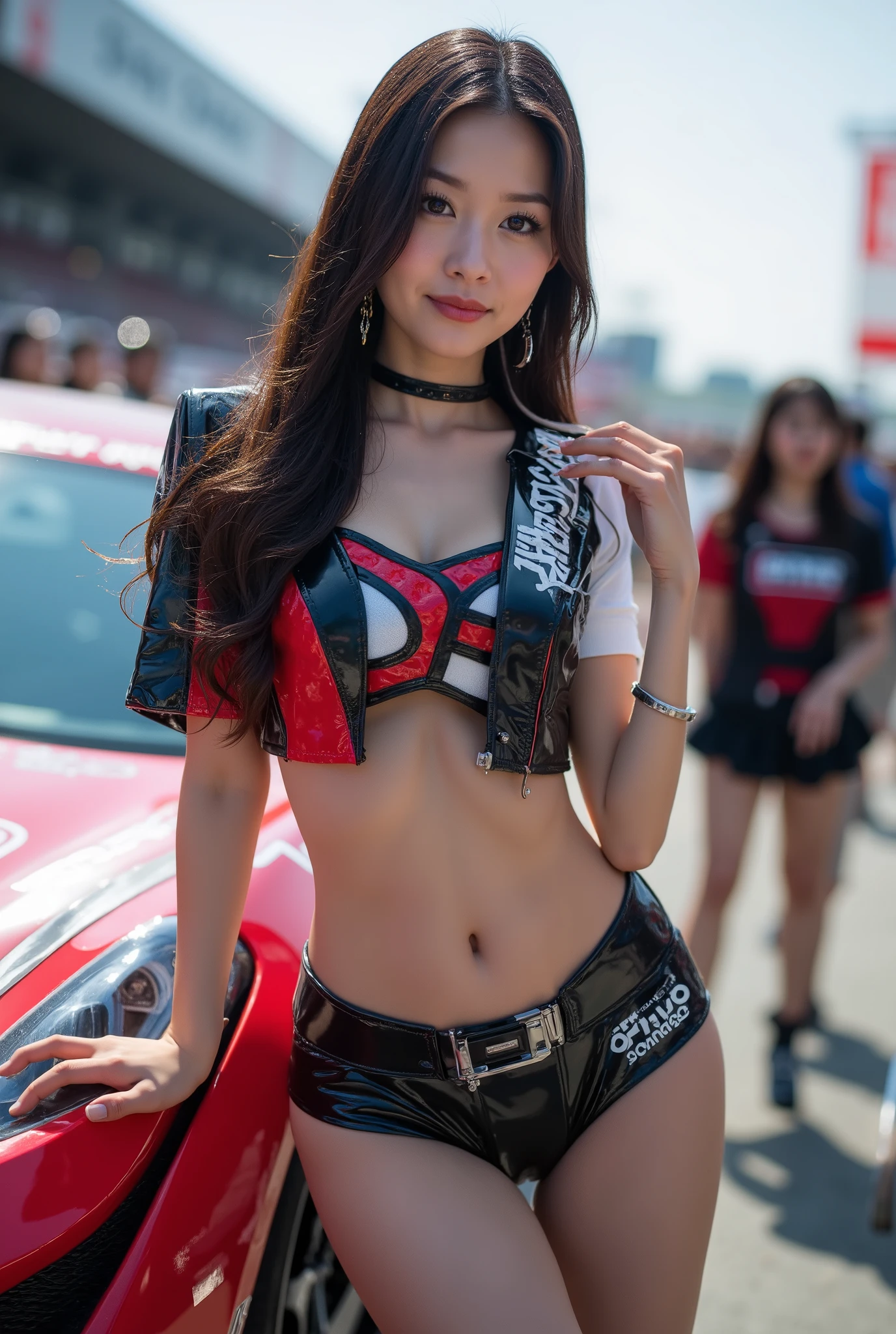 Highest Quality 、high quality 、 最High Definition、High Definition、8K Quality、high image quality 、Highest Quality、 masterpiece 、immersive video、 very realistic image 、Realistic Painting、 perfect details 、 high contrast 、High Fidelity、 perfect photo without blurring、close to reality、  Highly detailed image、 Detailed and REALISTIC WEAPON 、 exquisite and realistic human skin 、 realistic face in every detail、 Realistic eyes in detail 、  Realistic lips drawn in detail 、 detailed and real teeth、Realistic Ears、 Realistic Hair 、((Japanese Model))､((Race Queen))、((beautiful adult woman))、((beautiful faces))、((black hair))、((big rounded breasts))、((sexy body ))、((full body shiny))､(Blue Sky)、 (((鈴鹿Circuit,International GTCAR Championship)))、 (((racing cars)))、 ((promotion girl beside the F1 car,Grid Girls,detailed promotional costumes are intricately worn))、Circuit､racing cars、 racing pit、Japanese woman wearing sneakers、Race Queenコスチュームの日本人女性､(((Asymmetric design cropped top short enough to show breasts＆enamel short sleeve jacket with lots of logos＆asymmetrical design enamel skirt short enough to show panties＆Japanese woman wearing sneakers)))、(((cropped top that fits perfectly to a body short enough to show breasts＆enamel short sleeve jacket with lots of logos＆perfect for bodies short enough to see panties {x} perfect for bodies short enough to see panties fitted enamel skirt＆Japanese woman wearing sneakers)))､(((cut out design enamel cropped top that is short enough to show breasts＆enamel short sleeve jacket with lots of logos＆cutout design enamel skirt short enough to show panties＆Japanese woman wearing sneakers)))、((racing carsに寄り添う,racing carsのボンネットに腰を下ろす,Dynamic Sexy Poses))、(Circuitを取り囲む群衆)、((Closeup of the subject))
