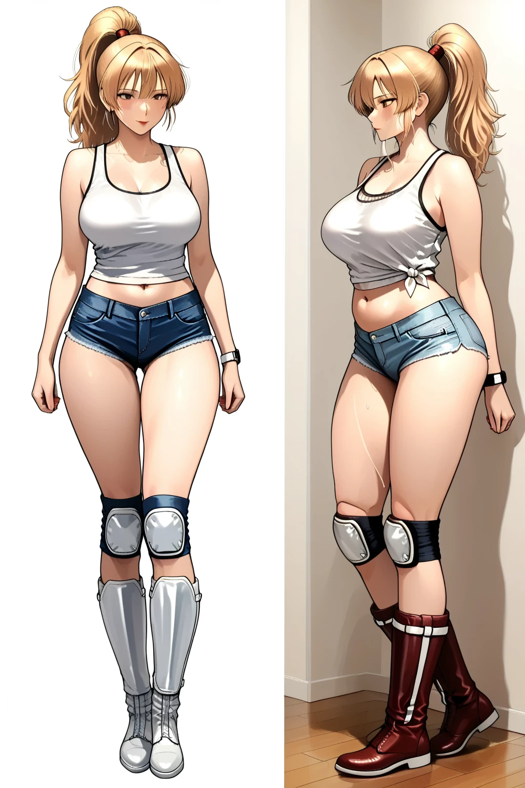 (absurdres, 8k, 4k, masterpiece, hyper extreme detailed:1.2), solo, cowboy shot, half body, perfect anatomy, 1girl, side view, perfect face, 1girl, portrait, looking at viewer, solo, standing, Female, toned body, mature female, large breasts, america, american, friendly, hero, heroic, kind, brave, american flag, patriot, patriotic, blonde, messy hair, long hair, blue eyes, smile, jean shorts, ponytail, wide eyes, baseball cap, perfect anatomy, messy hair, hair covering forehead, swept bangs, 1girl, solo, Blue sky, red, white. blue, shorts, messy hair, perfect anatomy, blonde hair, wide smile, happy shorts, american bikini, america bikini messy hair, bound, bondage, (arms behind back:1.4), bdsm, shorts, t-shirt, messy hair, short, large bust, angry, large breasts, big breasts, forward view, shibari, bondage, bdsm, rope, half body, gagged, gag,