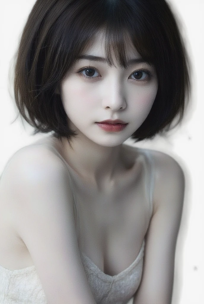 nsfw, best quality, masterpiece, ultra-detailed, older sister ,woman, nude, (((look of disdain))), (((sadistic))), (((((look down))))),(short hair),simple background,(((SM))),