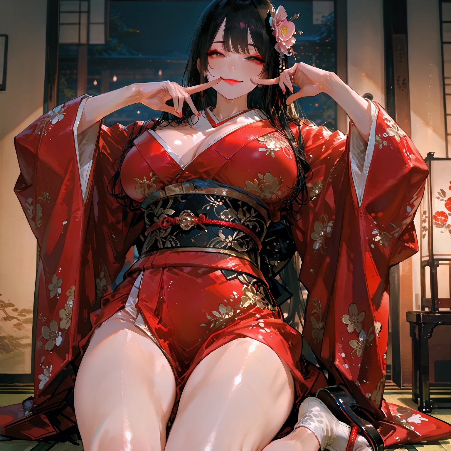 masterpiece, best quality, nikkeSakura, hair ornament, black kimono, thighs, sash, tabi, seiza, japanese architecture, hands on lap, looking at viewer, furrowed brow, smile <lora:sakura-nvwls-v2-000010:0.9>