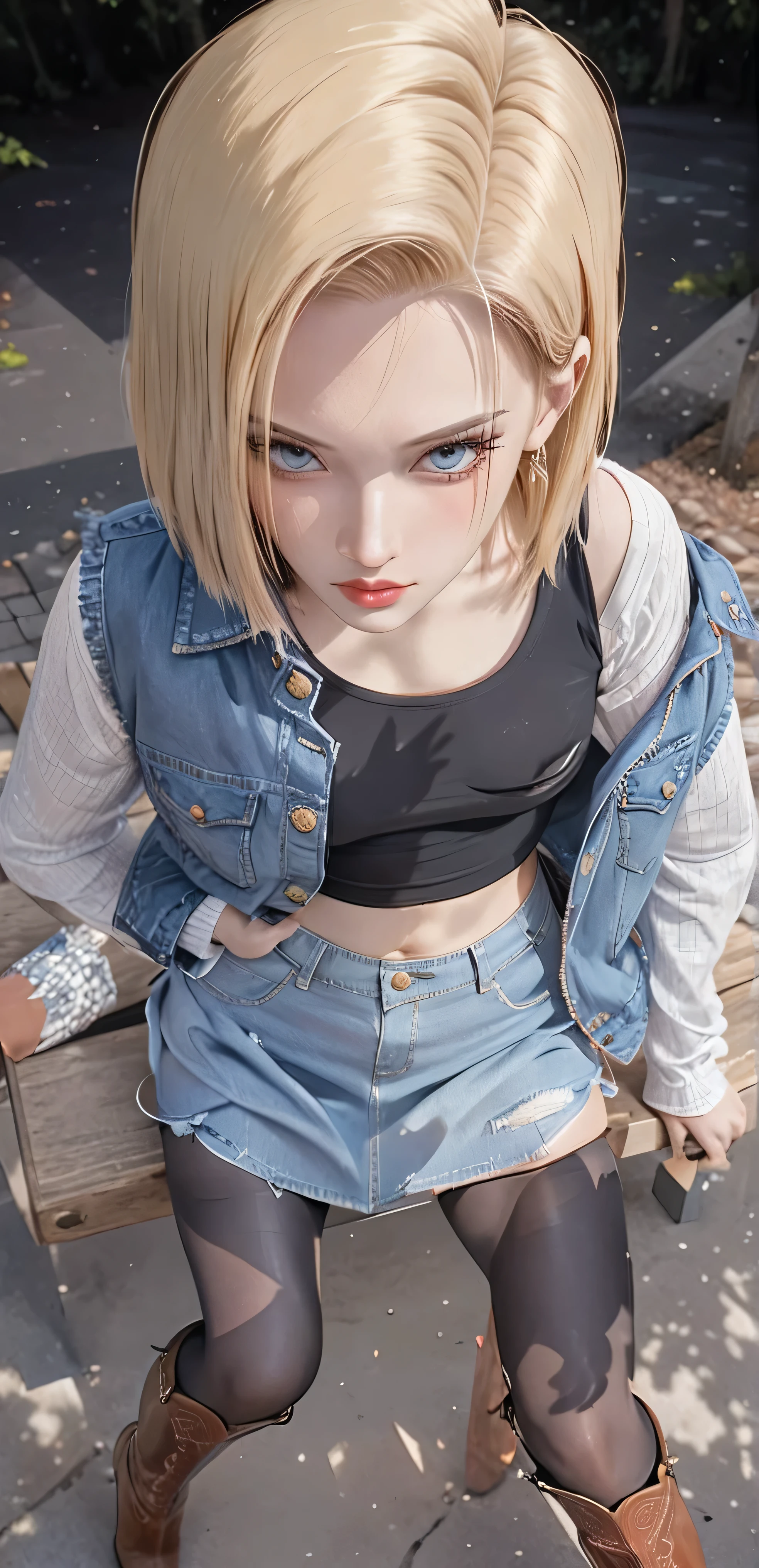 ((A girl)), ((android 18)), ((She sits on the bench and intentionally lifts one side of the denim mini skirt)), ((The figure of holding the bottom of the skirt and pushing it up)), ((I can see some of her white panties on a bench in the largest forest park in the world)), ( she looks down at her boyfriend ), ( she looks down at her boyfriend ), (Blonde), (), (그녀는 밝은 Blonde 머리를 하고 있습니다), (medium length haircut), (Under her mini denim skirt, you can clearly see her slender legs and stylish western cowgirl boots.), (She has bright blond hair), (she was wearing a short blue H-line denim skirt), (She's wearing a mini denim vest), (The short mini vest she is wearing has three small round buttons), (The color of her denim skirt and denim vest match), (She's wearing long sleeves), (Long sleeve with black stripes at regular intervals on a white background), (She's wearing flesh-colored see-through stockings), ( She wears pantyhose and white panties over them ), ( Her are visible on the black t-shirt. ), (Novelt ), (She's wearing women's western cowboy boots), ( She wears pantyhose and white panties over them ), (She pulls down her short blue jacket with both hands ), (Her are shaking), (clearly visible), (She's blinking her left eye), (she frowns her left boldly and fascinatingly and stares at me), (Her slender legs and stylish western cowgirl boots are clearly visible under her mini denim skirt), ((masterpieces))