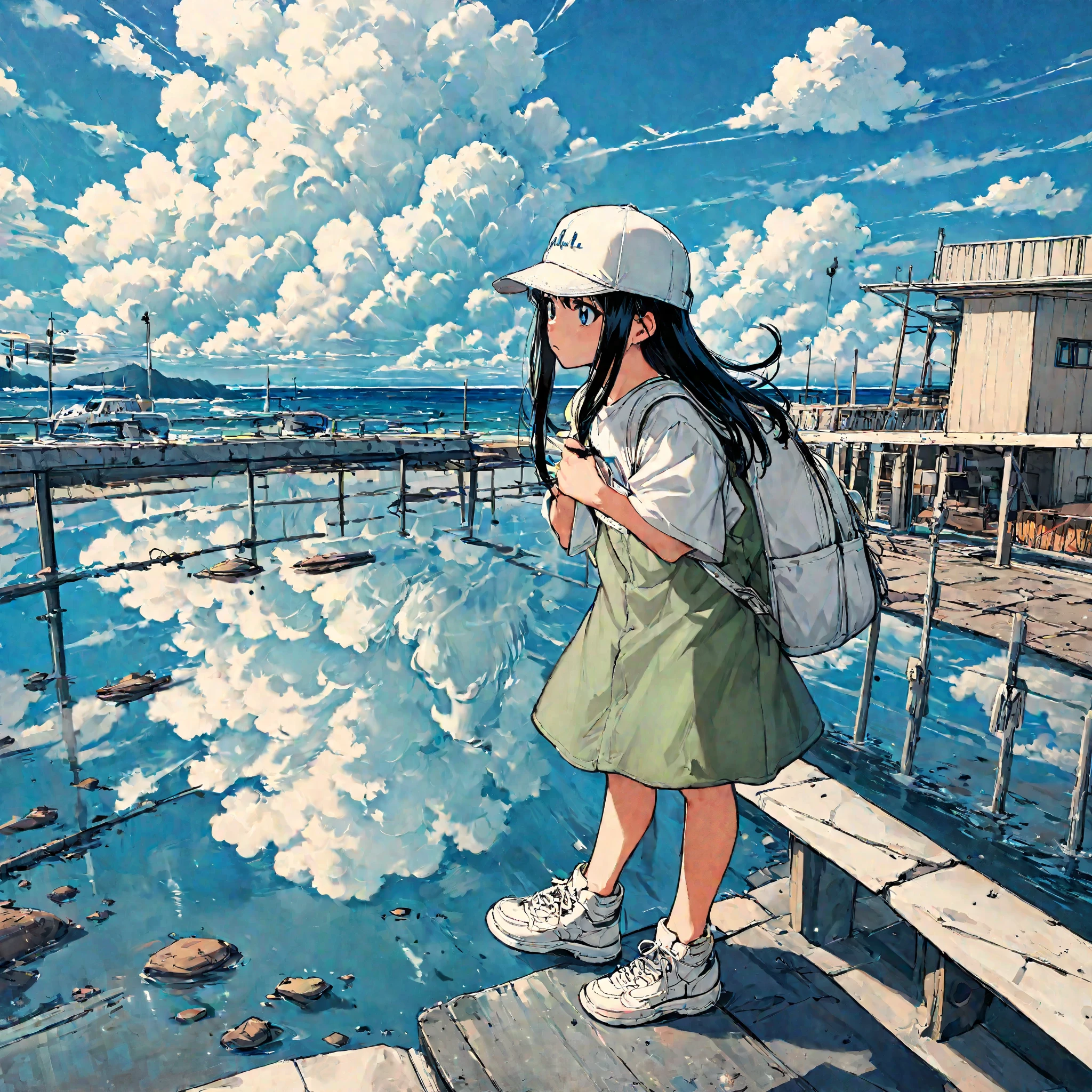 masterpiece, Exquisite detail,Highest quality, One girl, alone, handrail, cloud, Sitting, Outdoor, whale, Long Hair, shoes, null, Long sleeve, sneakers, Power lines, White footwear, Black Hair, View your viewers, Electric pole, bangs, cloudy null, fish, bird, Green Eyes, Shorts, animal, Day, Black Shirt, barefoot