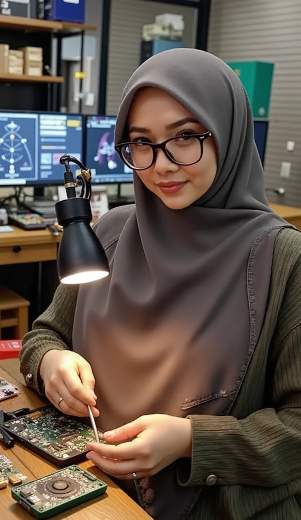 masterpiece, ultra-detailed, professional Indonesian woman in her 40s, electronics repair workshop, wearing neat hijab and work apron, focused expression behind magnifying glasses, delicate hands holding precision screwdriver, repairing smartphone circuit board, LED desk lamp illuminating workspace, organized workbench with soldering iron, multimeter, various tools neatly arranged, multiple screens showing diagnostic data, warm workshop lighting, circuit diagrams on wall, boxes of spare parts, professional environment, detailed micro-components, natural skin texture, confident posture, slight smile of expertise, modern repair shop interior, Has Large Breasts, Curvy Busty Hourglass body, Big Ass, Wide Hips, Full Arms