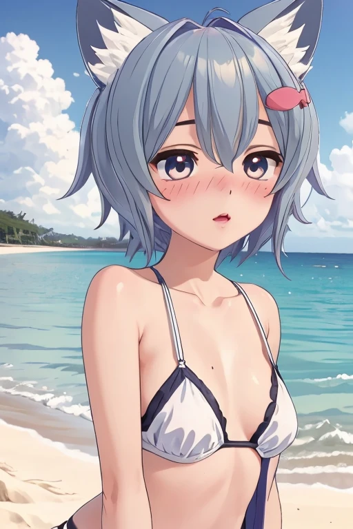 1girl, eureka, forehead, bikini, looking at viewer, beach, reaching towards viewer, aqua hair, short hair, collar, purple eyes, nervous smile
<lora:eureka_xl_v9:1.0>, masterpiece, best quality