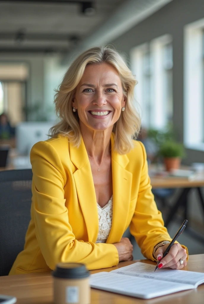 tall blonde, tan business pants, heels, (( stain)), show heels