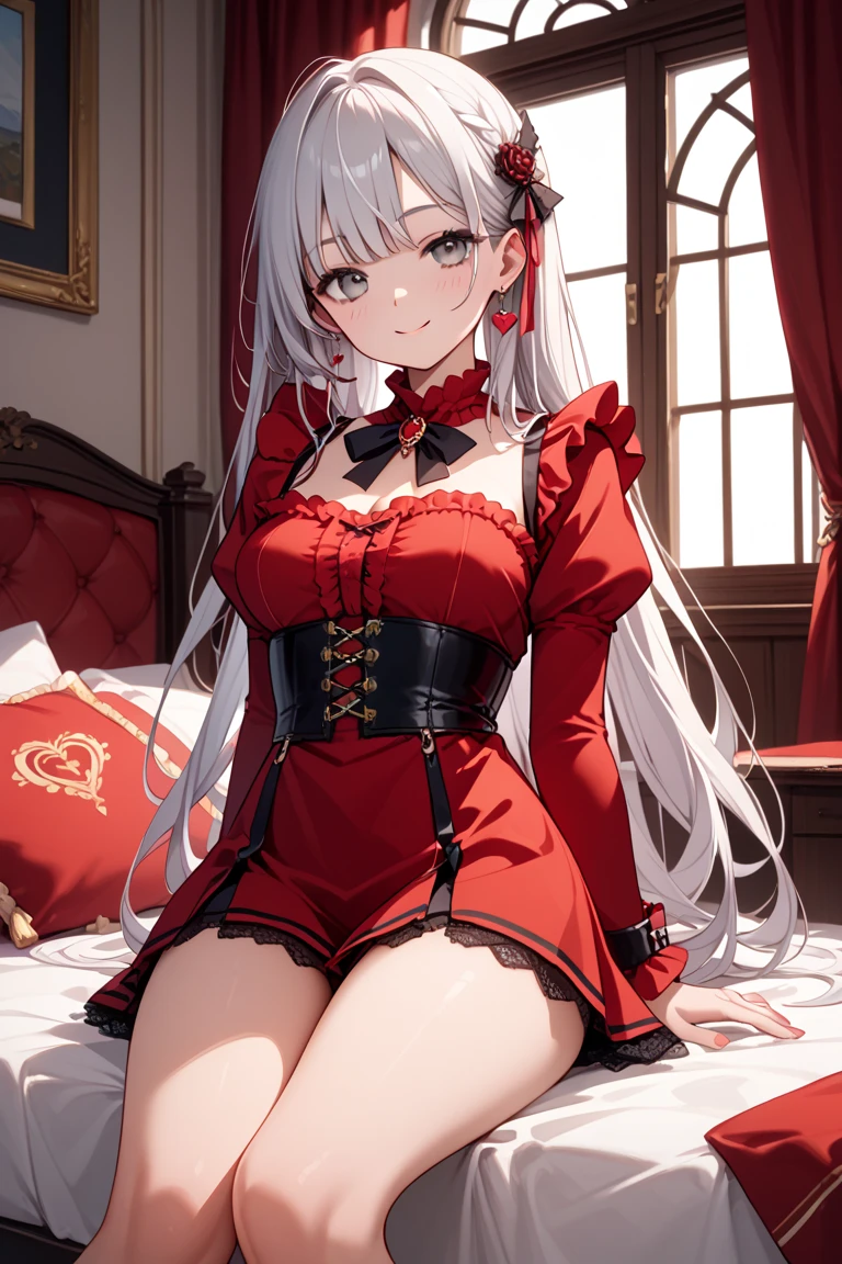 silber hair、red eyes、Beautiful girl alone、Fluffy dresses、off shoulders、Western-style castle、Bright red roses、sitting on、