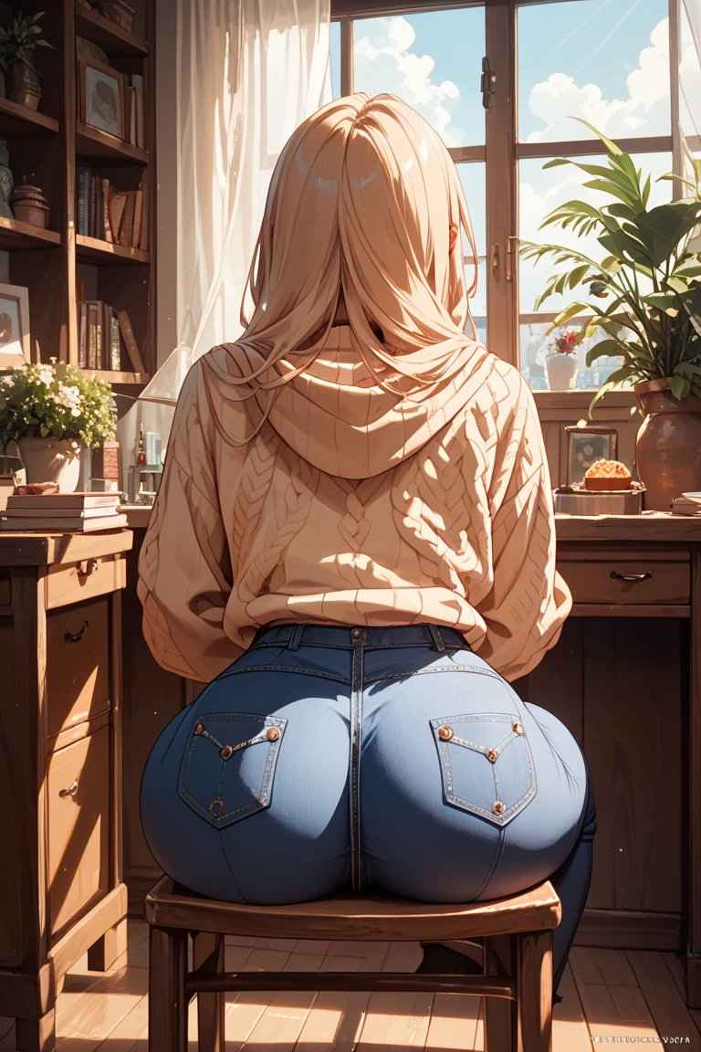 Rear view of a woman wearing flared jeans and a full white hijab. Full body photography from behind. Long, wide-leg jeans. Big butt. Wide-leg.