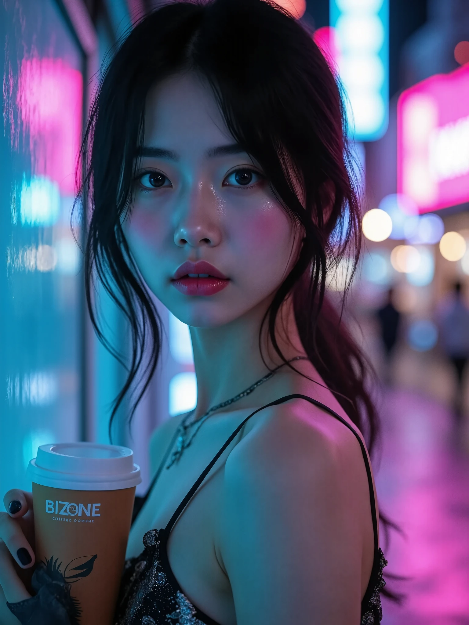 Vietnamese-Russian hybrid girl, electric beauty Surreal photo, turquoise skin, long dark hair slightly tangled natural, delicate light cheeks, Bright light blue big eyes with depth, soft pink lips, gods are both gentle and alluring, color look sharp but warm. Modern black dress dress with luxurious shape, with silver and turquoise metallic accents. Cinematic premium lighting, vibrant color and balance, depth of field (DOF cao), ultra-detailed resolution, fine skin and hair texture, natural light reflection.
**8 synchronous shooting angles**:
1. close-up of the main face (focus on light eyes and cheekbones)
2. 45 degree tilted close-up (hairlight edging)
3. angle from the bottom up (create a sense of authority)
4. Light top-down angle (accent facial contours)
5. horizontal angle of the whole body (extended background)
6. Full body diagonal angle (cross light, natural shade)
7. Zoom angle on BIZONE coffee cup handle detail
8. The panoramic angle of the character stands in the middle of the night city, reflective neon
**context**: Modern city streets at night, neon blue-pink violet light reflects on the wet road surface, air with a slight haze, table Vietnamese brand, cyber style — realistic.
The background is dimmed just right so that the character stands out, the light from the sign reflects on the face and the costume. full body