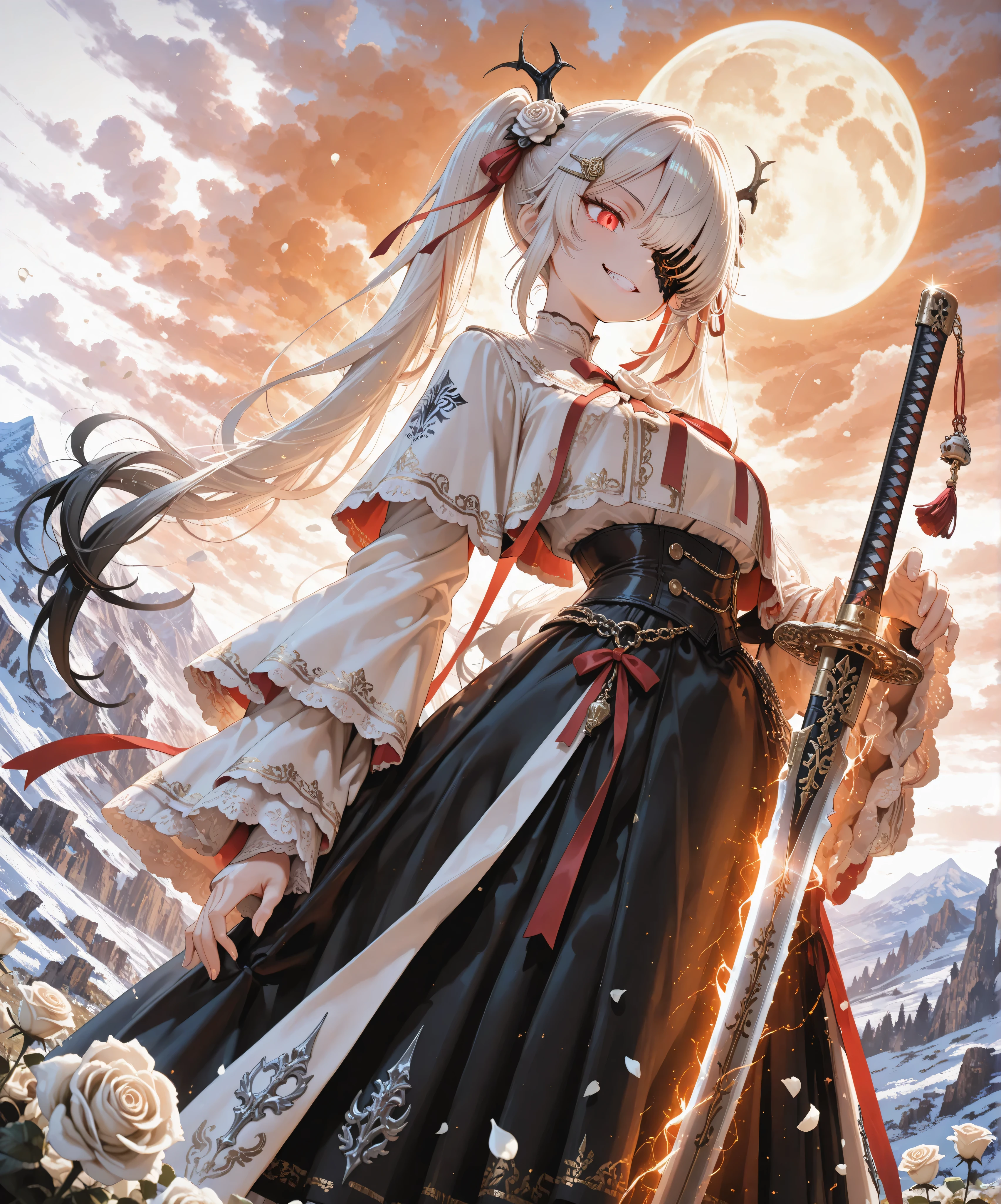 A spectacular 8K digital painting, masterpiece quality, ultra-detailed, featuring a petite, curvaceous girl in a cowboy shot (waist-up angle), with long jet-black twin-tails adorned with red ribbons and faint white highlights, strands falling over her right eye. Her vivid red eyes shine with a hopeful, almost wicked grin, exuding both kawaii charm and steadfast resolve. She wears a white gothic-military dress with white rose trims and red ribbon details, a silver dragon-emblem hair clip adding elegance. The girl stands with an uplifted, determined posture, one hand raising a long, ornate long sword with a rose-carved hilt, while a sheathed katana is visible at her side. Behind her, the head of a massive black dragon reflects the cinematic light of a sunrise, its eyes glowing with loyalty. The scene is set in a detailed fantasy mountain landscape, with a battlefield strewn with white rose petals, a cluster of wind-tossed grasses, and distant peaks under a glowing sky, bathed in warm orange, pink, and gold tones. A bright moon faintly visible in the sky adds a mystical aura. Volumetric lighting and deep shadows create a cinematic atmosphere, with a simple white background ensuring the girl stands out, rendered with vivid colors and ultra-detailed textures.