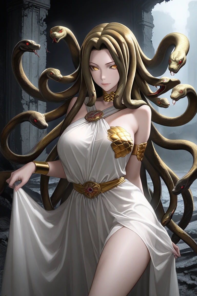 Medusa, hair composed of pink snakes, reddish white eyes, ultra-detailed sea surface, skulls in the reflection of her eyes, background of white stone statues of muscular and mature men, expression of anger and hatred, symbol of the feminine in the center, well-structured female body, golden jewels all over her body