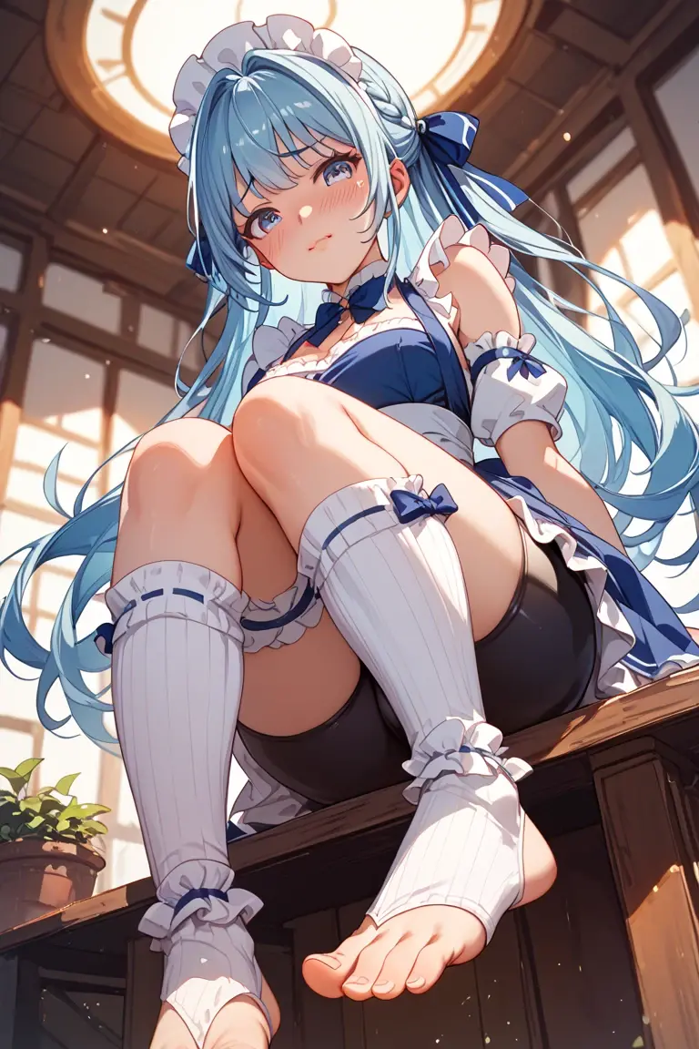 woman, 29 yo, sexual expression invite,sexual face,pantyhose Detailed((tights with detailed textures)),feet to the viewer,feet in front of the spectator,blue hair,long twintail hair,blue eyes,