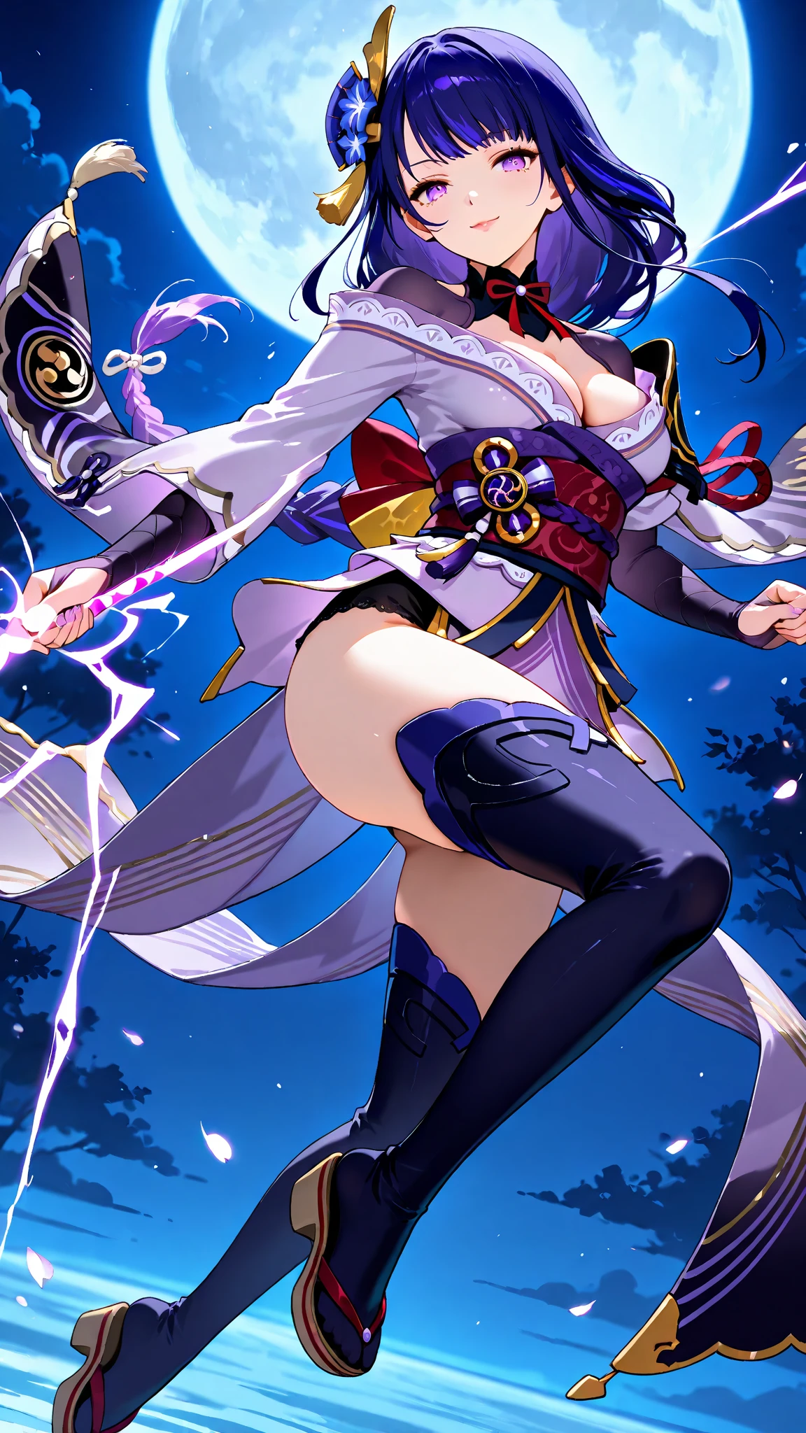 One girl, kimono, ponytail ,Gray Hair, Purple eyes, magic circle, Blue Fire, Blue Flame, wallpaper, landscape, Blood, Blood splatter, Depth of written boundary, night, Particles of light, light, Side Lighting, Thighs, destiny \(series\), Genshin Impact, ****, Open jacket, skirt, Knee socks, Yun Chao burst chest, Legs open, Penetration - , Vaginal discharge with flowing fluid, sexual excitement, sexual expression, (female pubic hair:1, NSFW