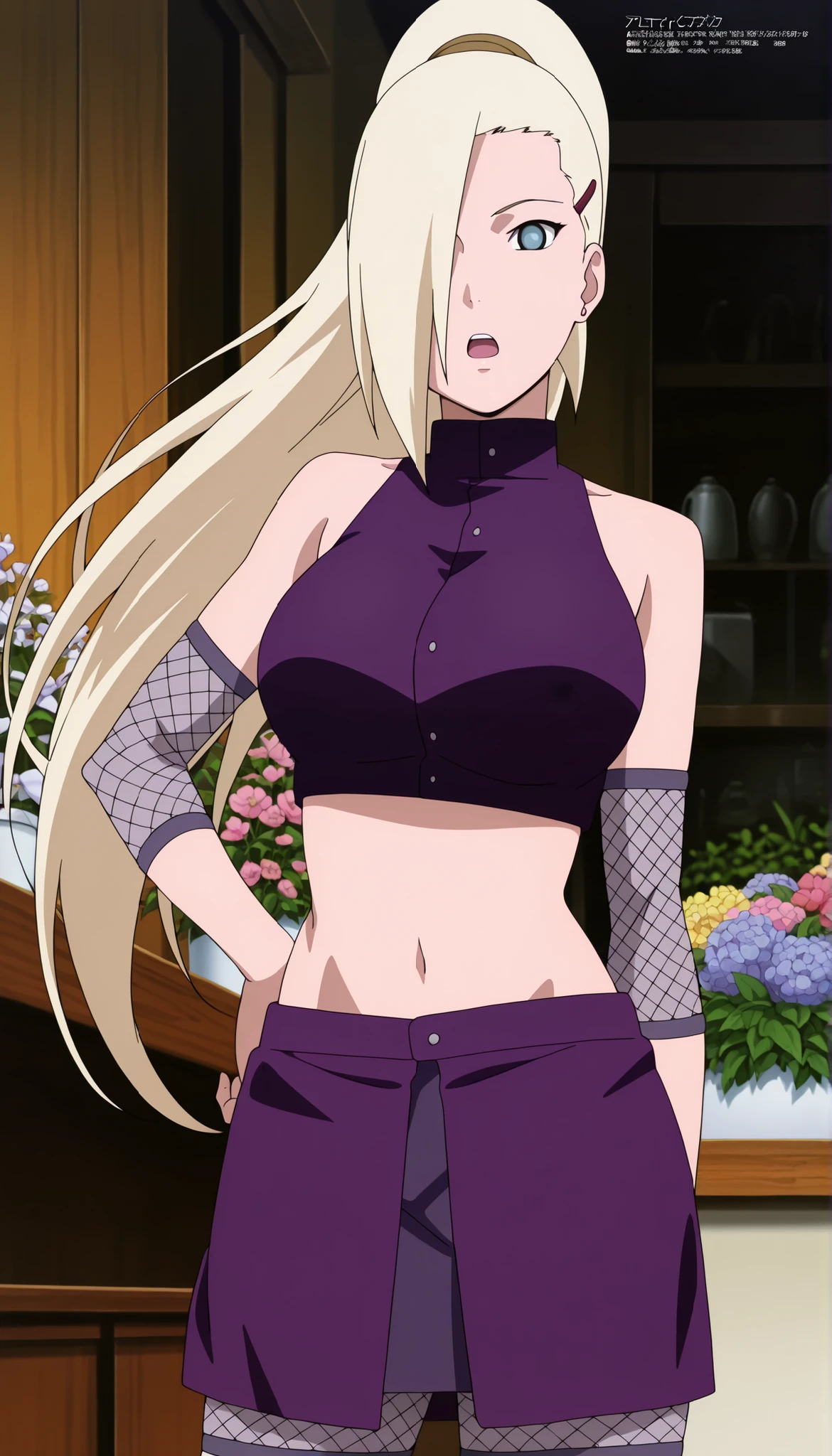 masterpiece, best quality, amazing quality, front light, anime screencap, 1girl, solo, InoShipuuden, blonde hair, high ponytail, hair over one eye, midriff, fishnets, crop top, big breasts, blue eyes, At the flower shop, purple skirt,cover nipple, open mouth,short pants mesh, standing, masterpiece,best quality,amazing quality,professional quality ,very aesthetic ,newest,scenery, ultra detailed ,highly detailed ,intricate , absurdres , high resolution , 4K , 8K , unity 8k wallpaper , crisp quality , sharp focus , rich contrast , rating_explicit , official art, official style,source_anime,anime screencap,anime coloring,megami magazine,anime,animated ,1girl,yamanaka ino ,look at viewer,straight angle