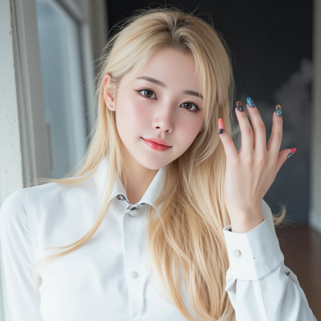 Tabletop:1.2, Highest quality、Realistic, ( Intricate details, Depth of written boundary)、Hyperrealism, 8K, Highest quality, Super detailed, retina 、, Very detailed, Perfect Face, Perfect body, , narrow, Very big , Glamour, Natural soft light, European women, Blonde, Wavy Hair, Beautiful woman, Perfect appearance, Transparency、(Touching ), (shy), (Captivating smile) , To the audience, White short sleeve T-shirt、Shorts、Full body portrait