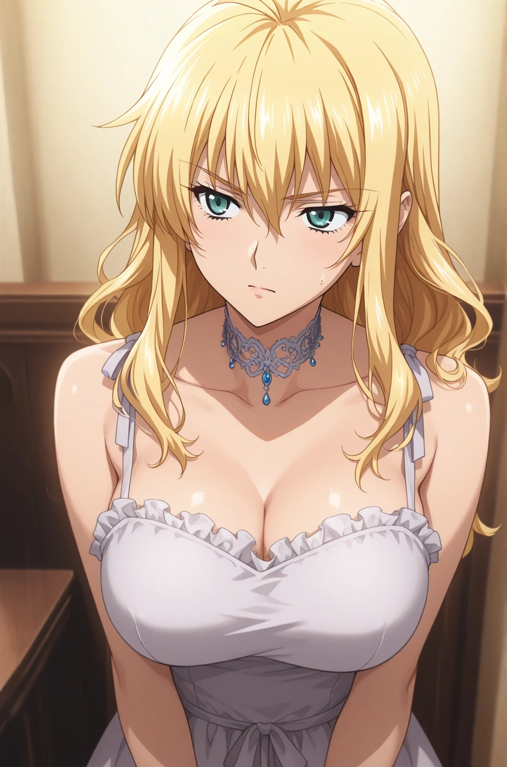 1girl, large breasts, yellow hair, pink eyes, upper body, portrait, sexy, cleavage