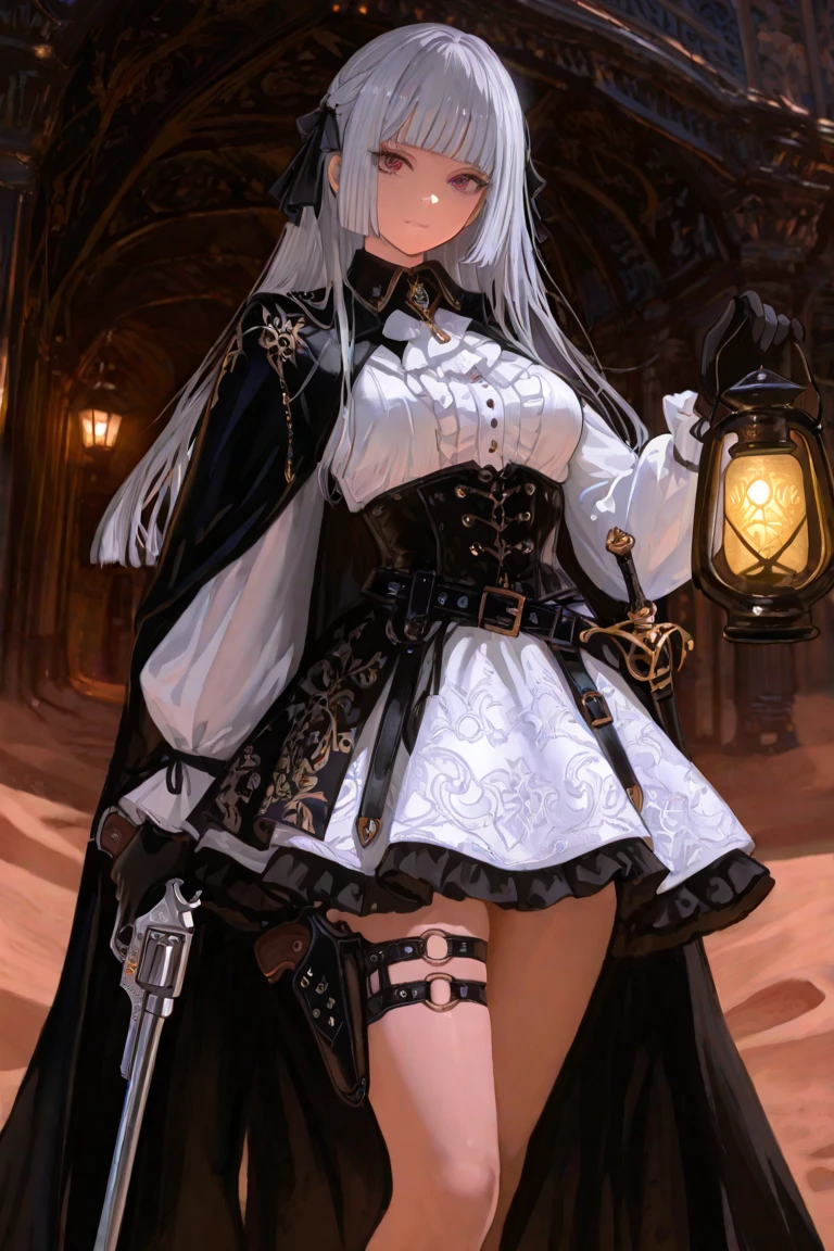 high quality,(High resolution:1.2),Incredible illustrations, (arknights) 1girl((grey hair,twintails,extremely long hair,blue eyes)(Gothic Lolita Military Maid Dress,Garter Stockings,garter belt,Leg Holster,saber,boots,(Decorative eye patch)))(Steampunk)(upper body)Military Command