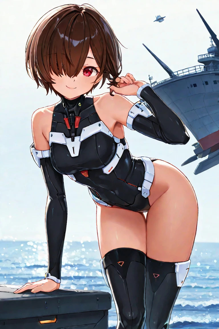 score_9, score_8_up, score_7_up, source_anime, Idealized Forms, Natural Light, details background, blurry background, extremely detailed,cartoons girl are standing wearing a futuristic outfit, 1girl,breasts,ass visible through thighs,bodysuit,covered navel,yukikaze (kancolle), brown hair, brown eyes, nipples, small breasts,short hair,