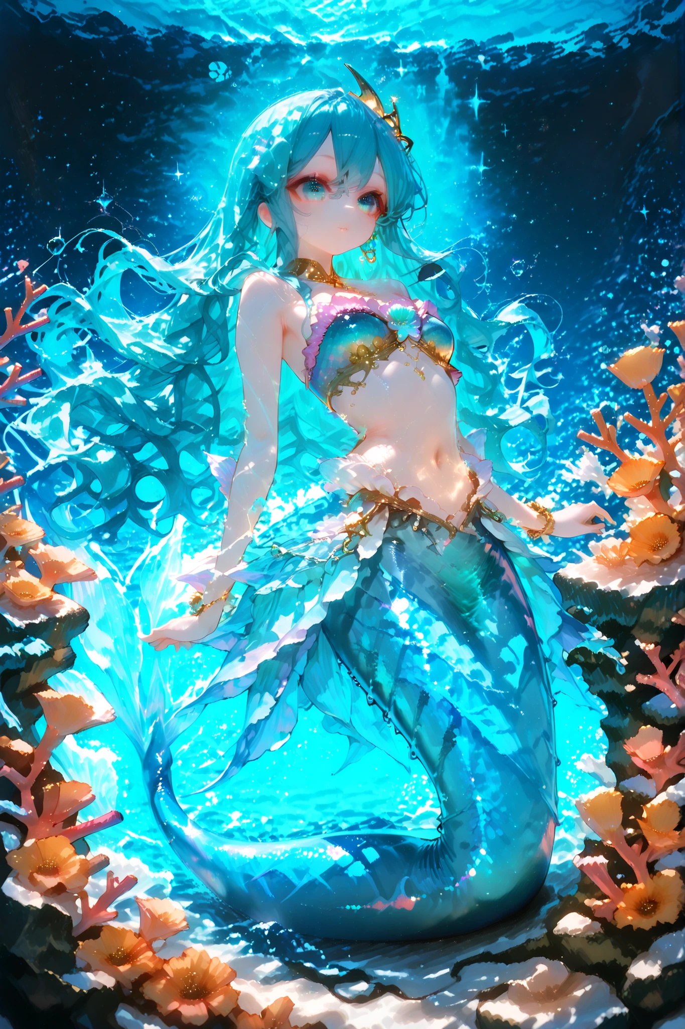 best quality, super high resolution, perfect detail, One Beautiful Mermaid Girl, long wavy hair, Sparkling Scales, Pearly skin, graceful appearance, Deep sea, Coral Reef Garden, Soft Waves, Mysterious Blue Light, Sparkling Bubbles, dreamy atmosphere, Beautiful Underwater Photography, Full body.