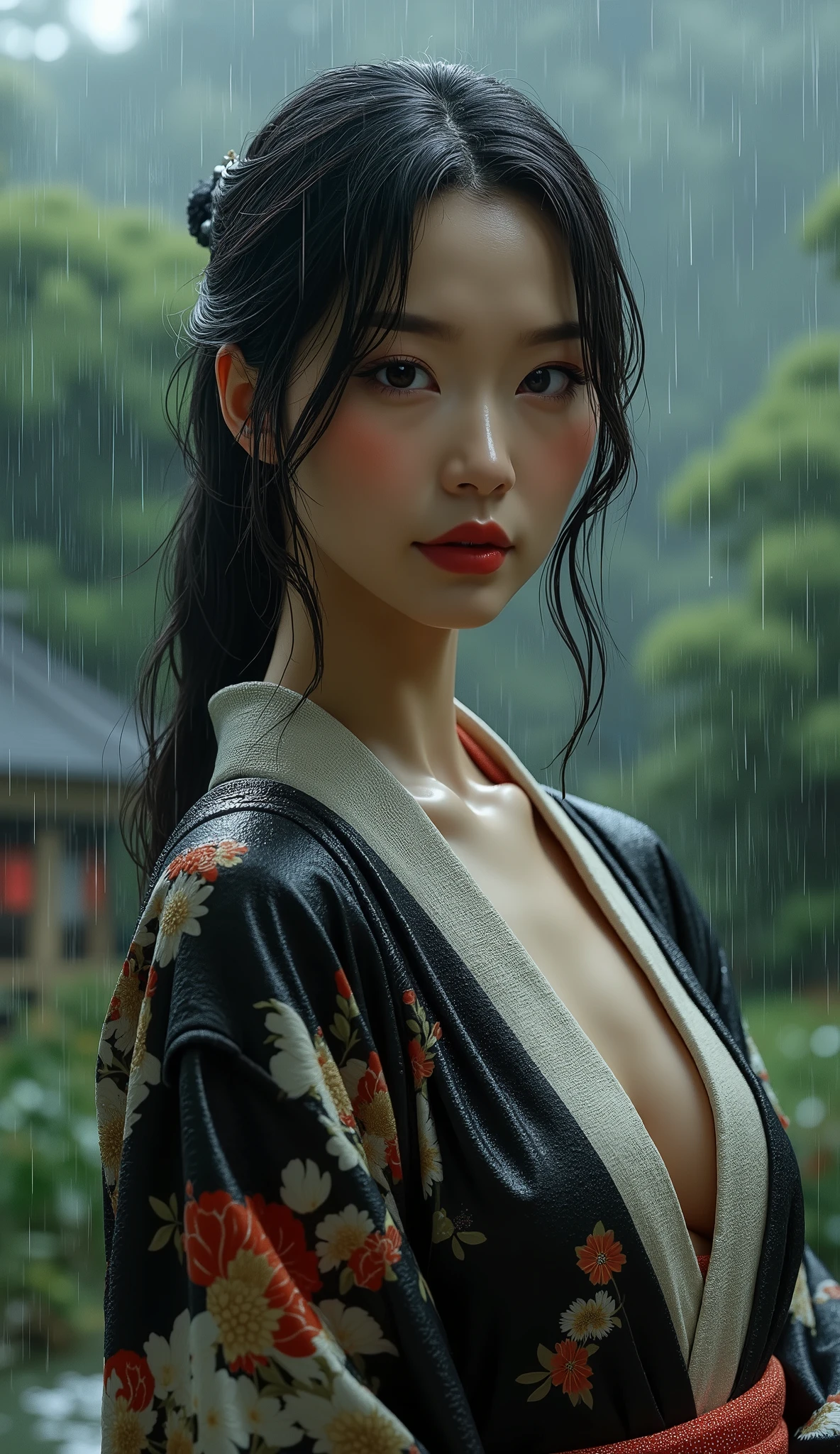 Highest Quality 、high quality 、 最High Precision、High Precision、8K Quality、high image quality 、Highest Quality、 masterpiece 、immersive video、 very realistic image 、Realistic Painting、 perfect details 、 high contrast 、High Fidelity、 perfect photo without blurring、close to reality、  Highly detailed image、 Detailed and REALISTIC WEAPON 、 exquisite and realistic human skin 、 realistic face in every detail、 Realistic eyes in detail 、 Something that depicts realistic lips down to the smallest detail 、 detailed and real teeth、Realistic Ears、 Realistic Hair 、((Japanese Model))､((Beautiful mature woman))、((Madame))、((Adult face))、(( black hair))、((BIG BREASTS))、((slim and perfect mature body))、(((Wet skin all over  )))､((Traditional Japanese Garden))、((Rain clouds spreading across the sky))、((Heavy Rain Weather))､(( downpour))、((Stormy wind and rain))、(((Wear a kimono by exposing your thighs,sexy kimono)))、(((雨に濡れたWear a kimono by exposing your thighsが肌にぴったりとフィットする))、(((雨に濡れたWear a kimono by exposing your thighsを通して彼女のボディーラインがはっきりと見える)))、(( Raindrops on a wet kimono  ))､((( Poses That Make Your Thighs Look Beautiful )))､((   subject close-up  ))