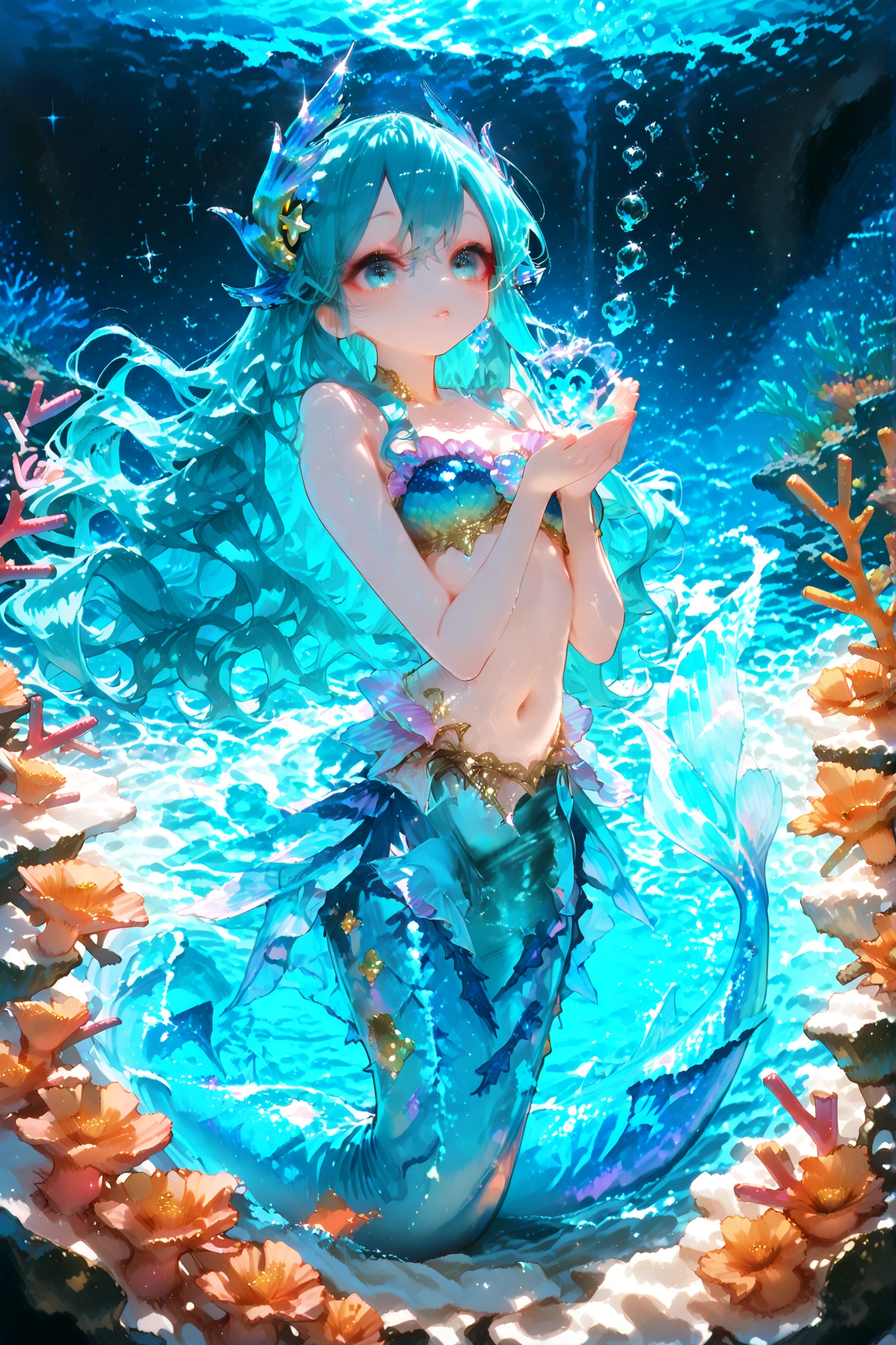 best quality, super high resolution, perfect detail, One Beautiful Mermaid Girl, long wavy hair, Sparkling Scales, Pearly skin, graceful appearance, Deep sea, Coral Reef Garden, Soft Waves, Mysterious Blue Light, Sparkling Bubbles, dreamy atmosphere, Beautiful Underwater Photography, Full body.