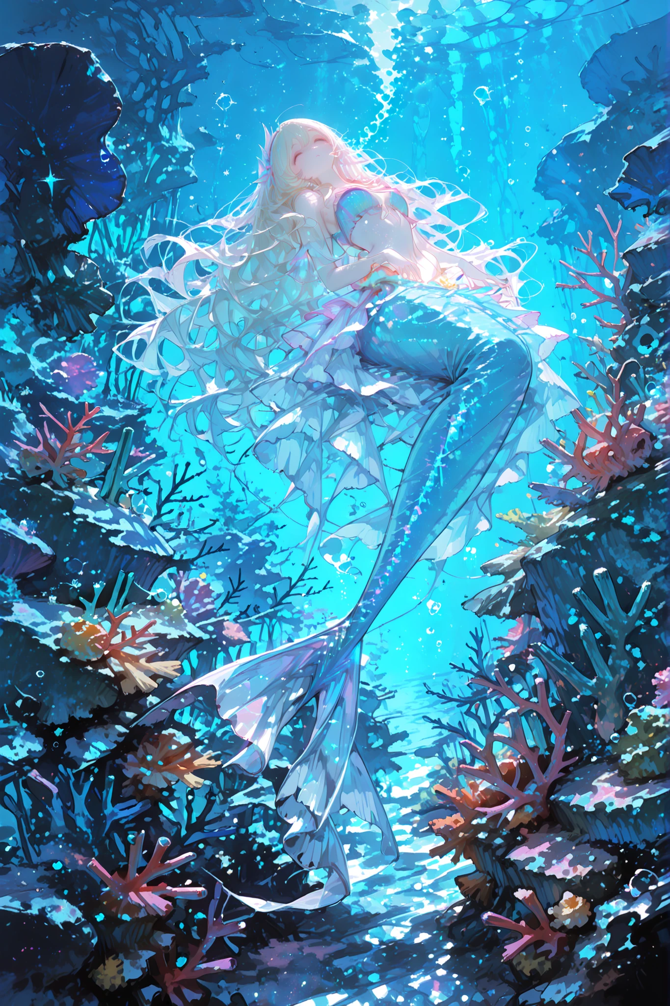 best quality, super high resolution, perfect detail, One Beautiful Mermaid Girl, long wavy hair, Sparkling Scales, Pearly skin, graceful appearance, Deep sea, Coral Reef Garden, Soft Waves, Mysterious Blue Light, Sparkling Bubbles, dreamy atmosphere, Beautiful Underwater Photography, Full body.