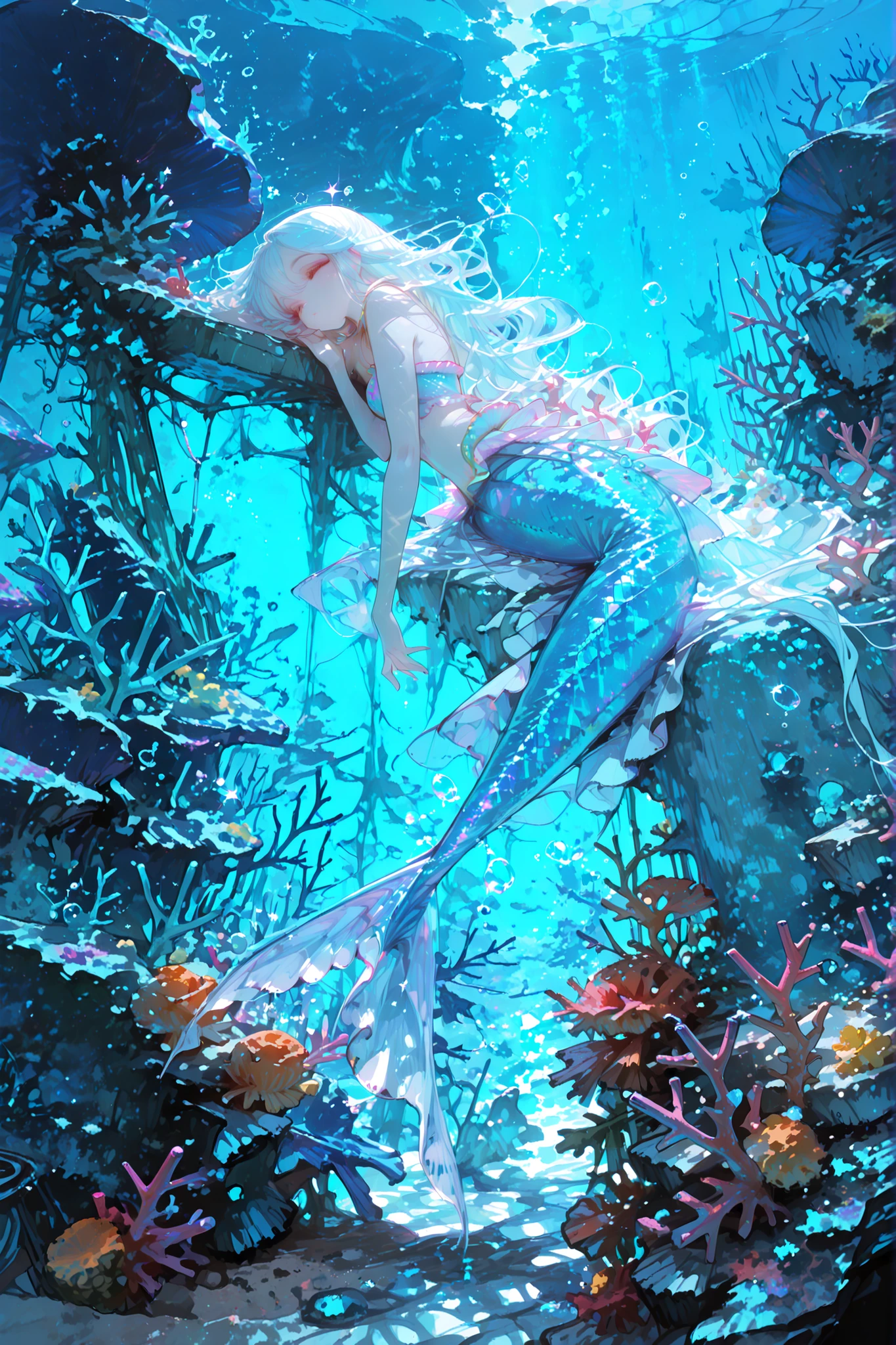 best quality, super high resolution, perfect detail, One Beautiful Mermaid Girl, long wavy hair, Sparkling Scales, Pearly skin, graceful appearance, Deep sea, Coral Reef Garden, Soft Waves, Mysterious Blue Light, Sparkling Bubbles, dreamy atmosphere, Beautiful Underwater Photography, Full body.