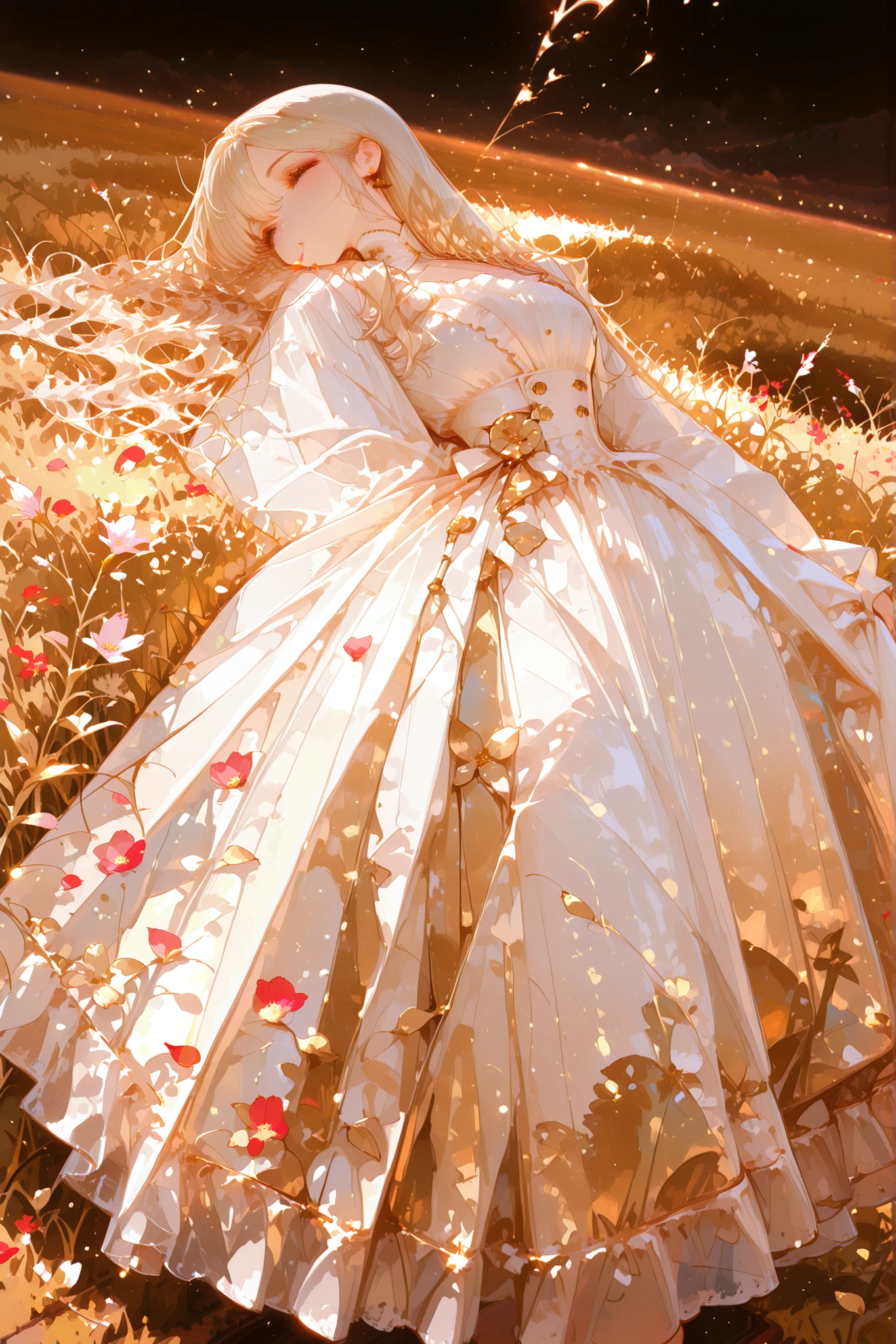 Best Quality, masterpiece, 8K resolution , Elegant woman, Abundant white dress, long wavy hair, Golden Sunset, An endless field of gold, Scattered Petals, Soft Natural Light, Warm colors , Blowing Dress Hem, Flowering Meadows, Romantic Atmosphere, landscape photography