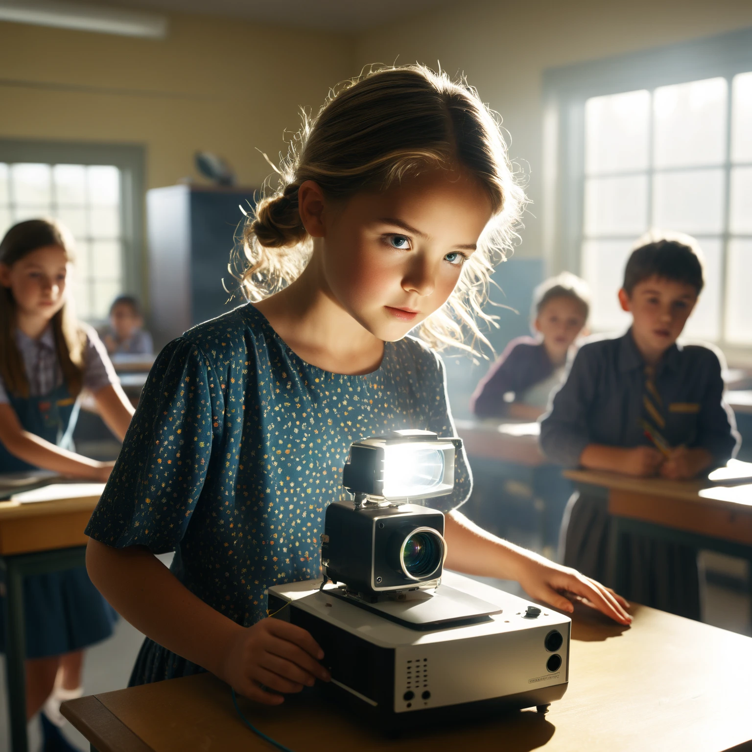 Beautiful girl, Age 10, School uniform, Curly locks, Dark blond hair, Oval face, Camera in hands, Library background, Square image