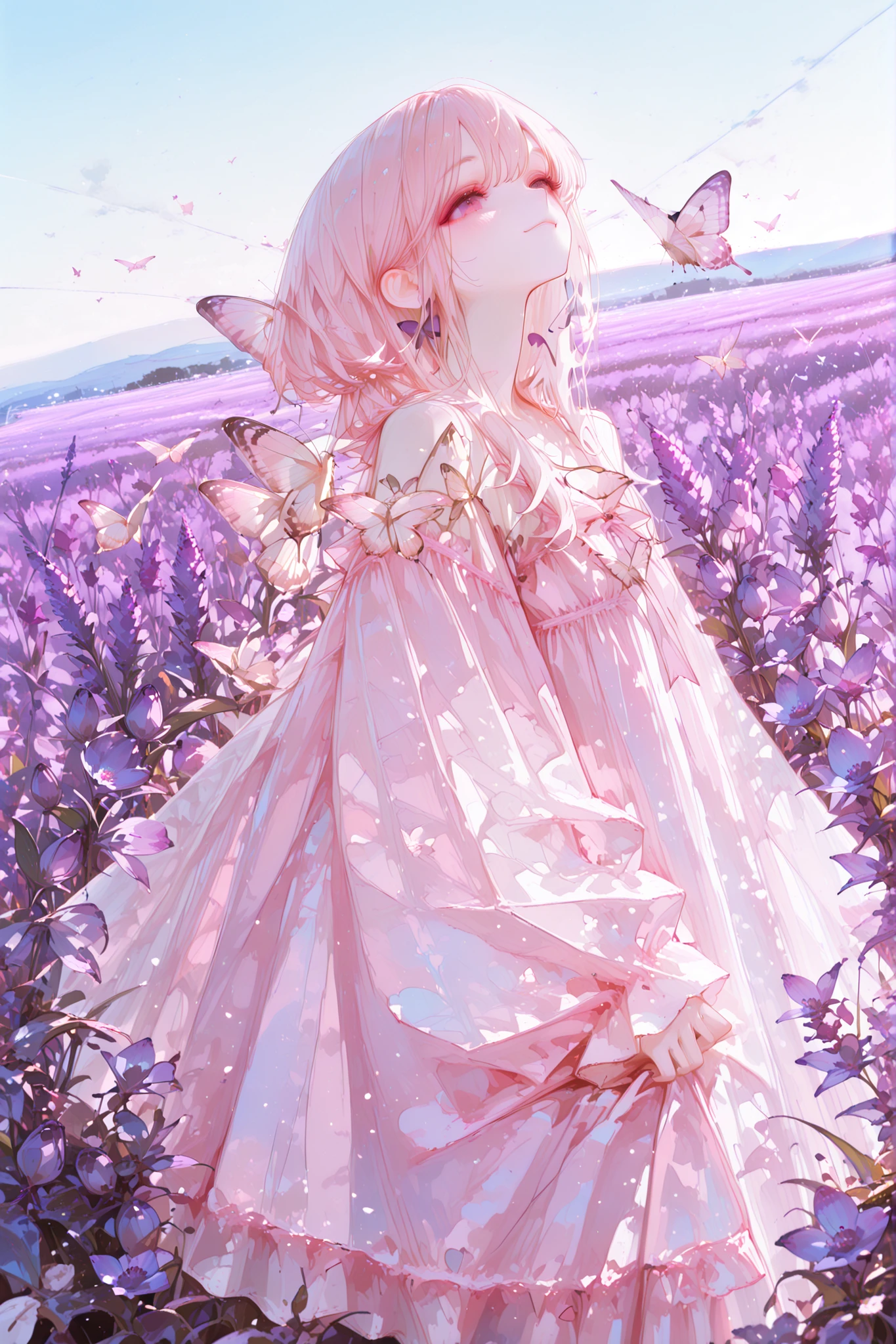 Dark Auction House, perfect detail, RAW photos, young woman, silky light pink dress, graceful pose, Lavender field, purple flower wave, Clear Sky, gentle smile, natural makeup, Butterflies flying, warm sunshine, dreamy atmosphere