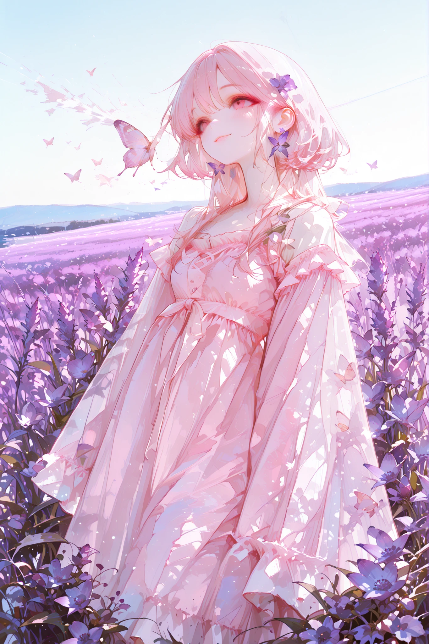 Dark Auction House, perfect detail, RAW photos, young woman, silky light pink dress, graceful pose, Lavender field, purple flower wave, Clear Sky, gentle smile, natural makeup, Butterflies flying, warm sunshine, dreamy atmosphere