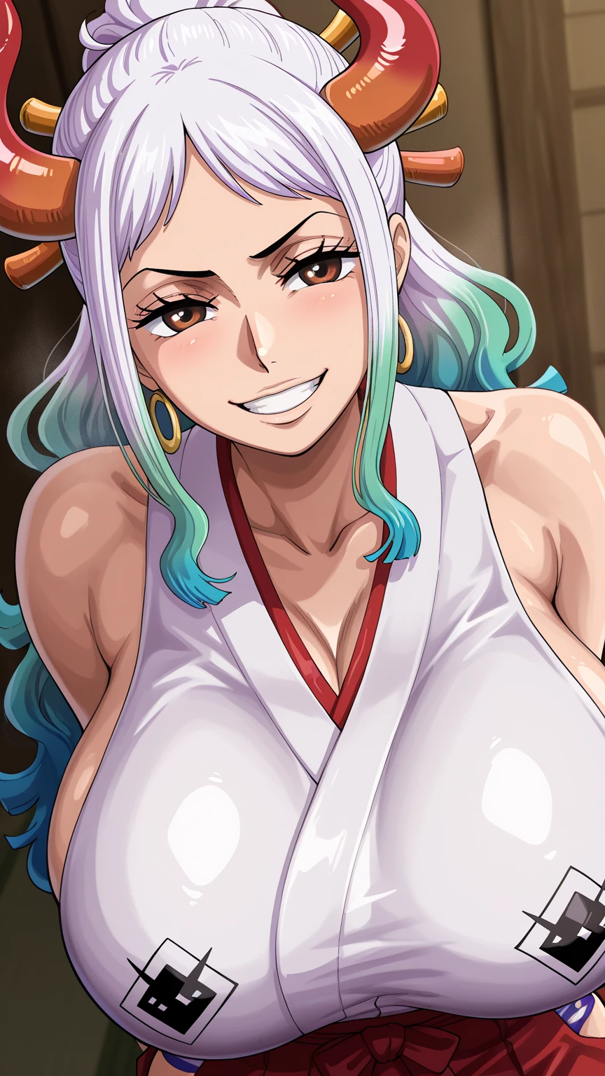 score_9,score_8_superior,score_7_superior,score_6_superior, Yamato \(one piece\), One girl, alone, kimono, Multicolored Hair, jewelry, Earrings, No sleeve kimono, hair ornaments, kimono, Wrapping angle, Long Hair, They are, superiorper body, smile, rope, chest, Hairpin, No sleeve, shimenawa, White Background, Mouth closed, hoop Earrings, Bare shoulders, Simple Background, ponytail 1 girl, alone, 巨大なchest, Open your mouth, Looking at the audience, Skin dents,