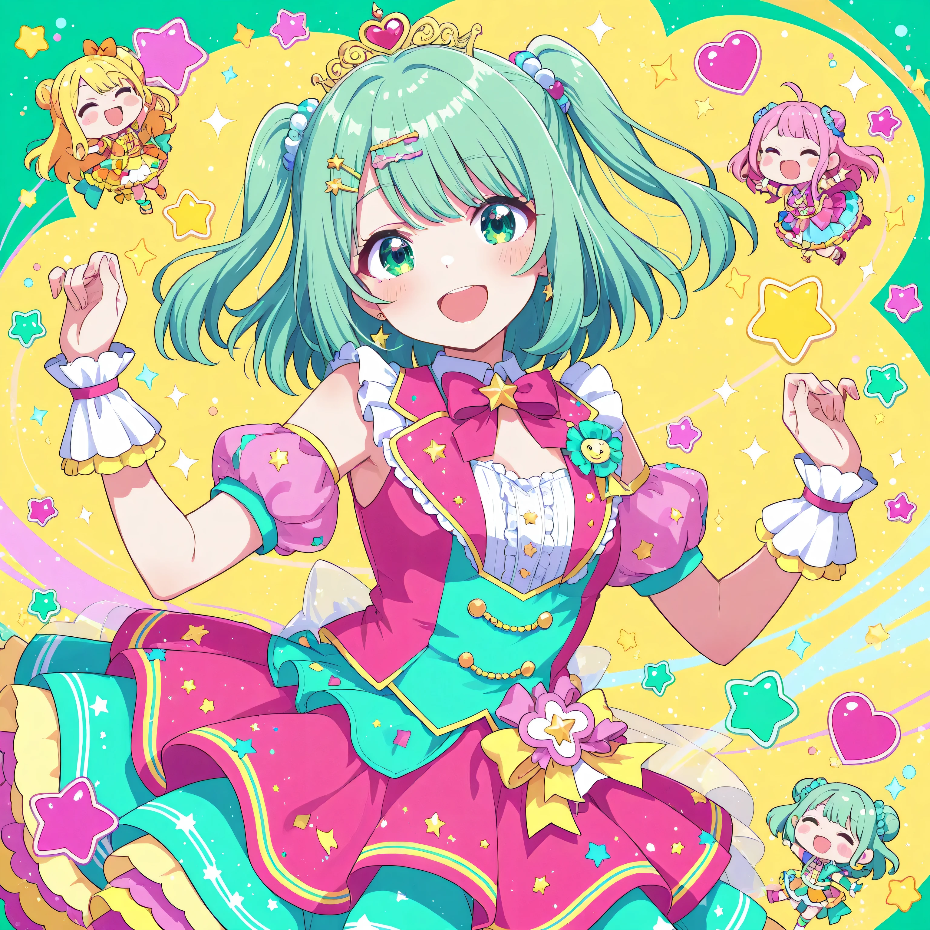 A bright and cheerful girl dancing in a colorful pop outfit. The background is filled with sparkling stars and heart motifs. She has a fun, energetic expression, idol-style vibes. The image is composed for album cover artwork, with sunny brightness and catchy, cute colors like pink, yellow, and mint green.