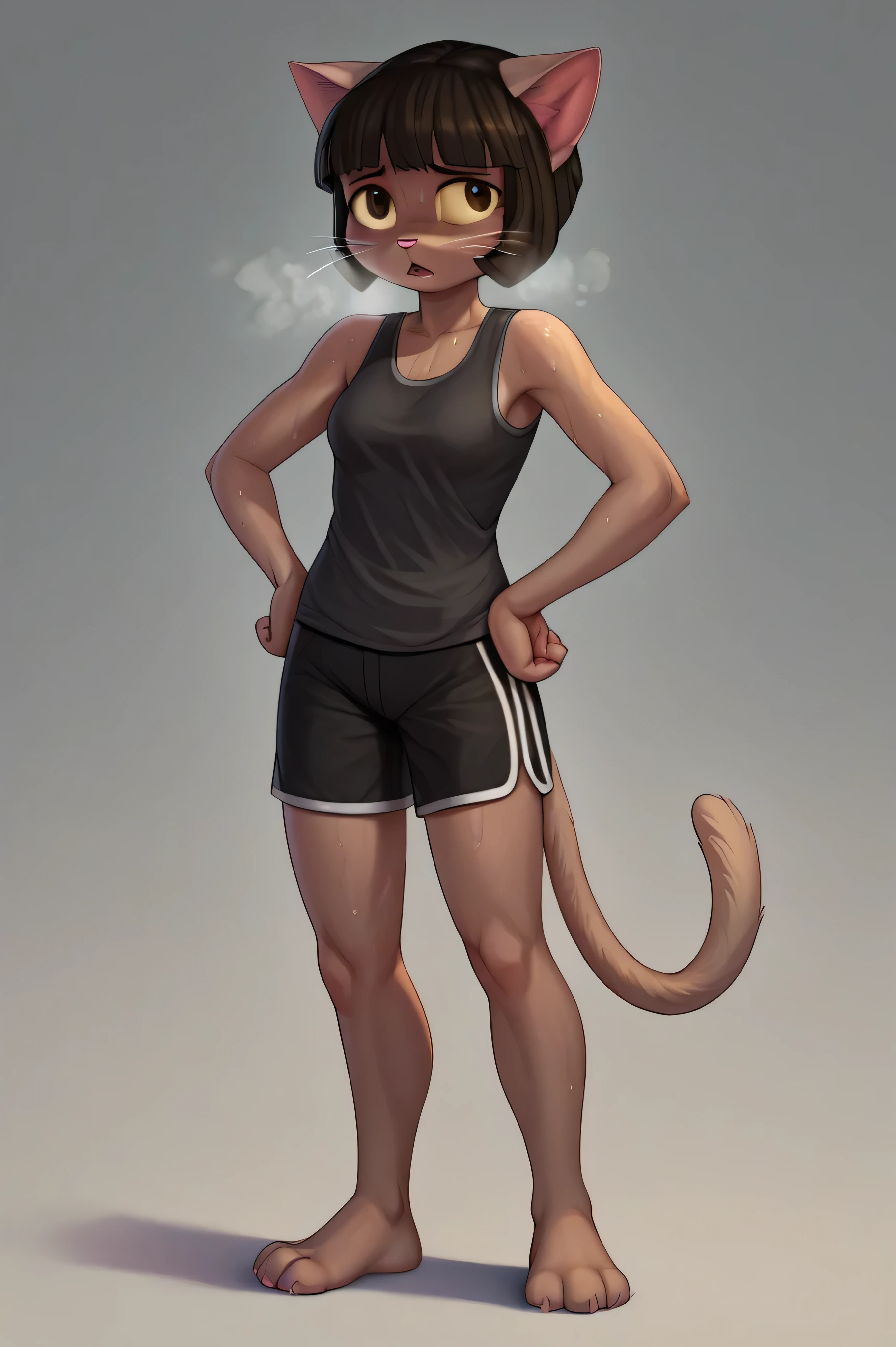 score_9, score_8_up, score_7_up, rating_Safe,, chelodoy, digital_media_(artwork), female, (Detailed face), (solo:1.1), [(thin:1.1) : small : (ivy pepper):4], (Detailed face), (more details, detailed background:1.1), (tail:1.1), hi_res, absurd_res , dark skin, anthro cat, 1girl, solo, black tanktop, black gym shorts, cat feet, hands on hips, out of breath, sweaty, open mouth, sad