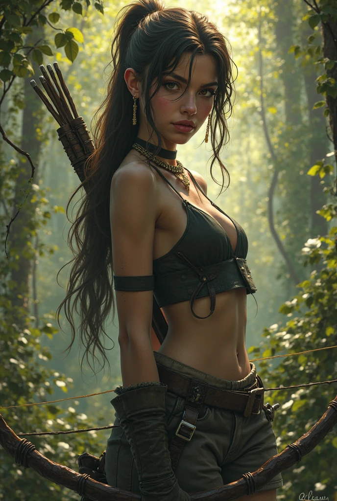 (Ultra High Resolution, Photorealistic, Realistic, Best Quality, Photorealistic), (8K, Raw Photos, Best Quality, Masterpiece), Delicately Braided Shaped Brown-haired Hairstyle, Proud Female Warrior, Serious Expression, Yellow Piercing Eyes, Indigenous, Tribal Costume, Sharp Focus, Blurred Background, One Girl, Full Body, 3D, ( Image of a beautiful dark-skinned wild woman about 29 years old))), overall strong, toned muscular female warrior style, beast bones and headhang decorated with fangs and feathers, HDR (High Dynamic Range), ray tracing, NVIDIA RTX, super resolution, Unreal 5, Subsurface Scattering, PBR texturing, post-processing, Anisotropic filtering, Depth of field, Maximum clarity and sharpness, Multi-layer textures, Albedo and specular maps, Surface shading, Precise simulation of light-material interactions, Perfect proportions, (African Desert, African)), Sharp eyeliner, (Full body)), Sharp Focus, Octane rendering, two-tone lighting, wide aperture, low ISO, white balance, rule of third, 8K RAW, circuit board AI, 4k, fog, (tribal style, tribal ornaments, sexy orange clothing made with wild beast fur, human five-fingered, wide hips, big breasts, wet body, jungle ruins background, dense forest))