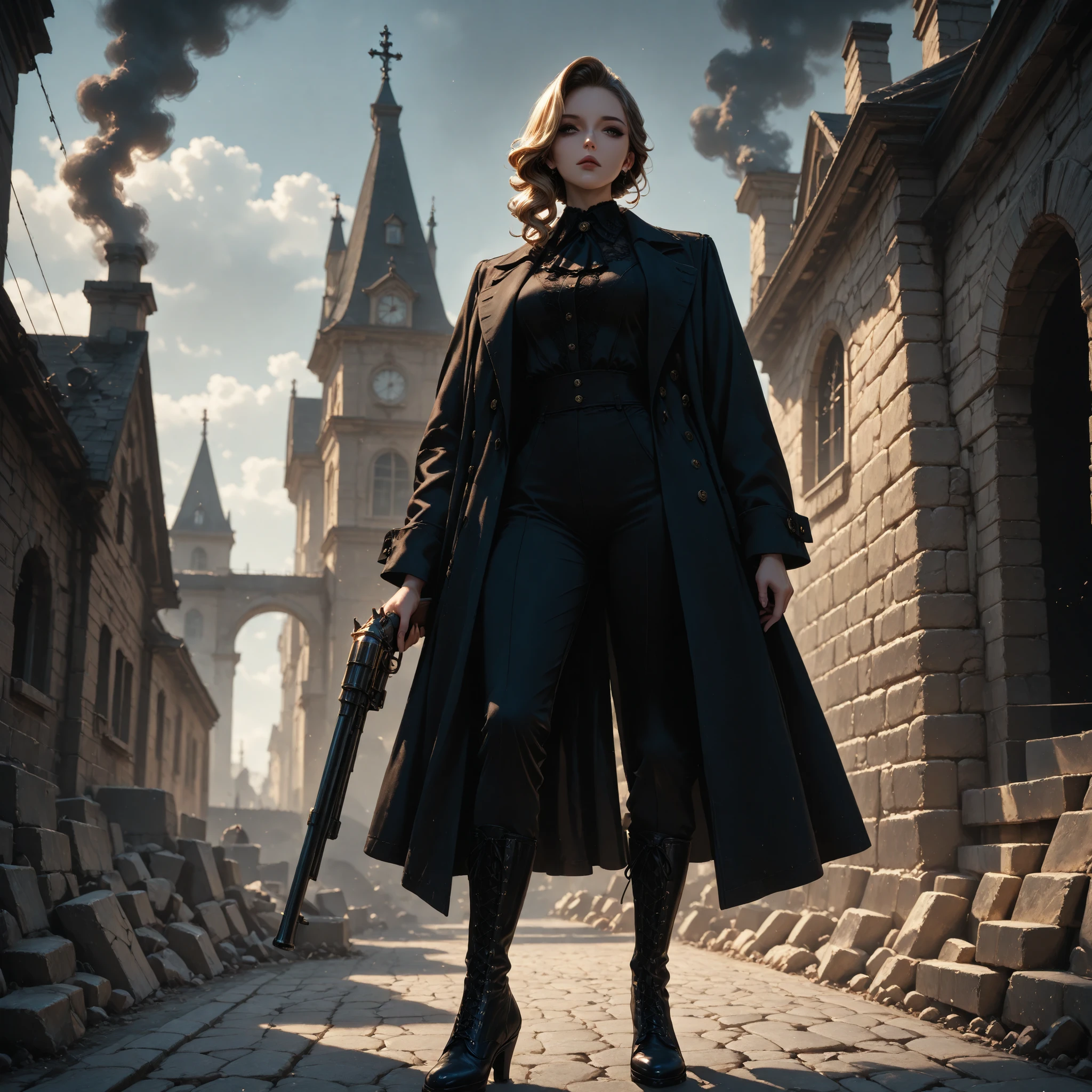 artistic, Ultra High Definition, Elegant Lady with a Gun,  gothic pants, Lace boots, Velvet Coat, 19th Century London, curl hair, Noble Gaze, brass button, chimney smoke , Stone construction