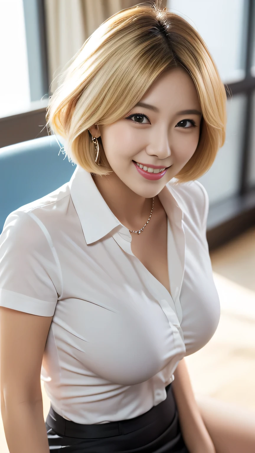 Short sleeve,Classroom,masterpiece, Best Quality,8K,4k,Natural blonde short hair,japanese beatiful high school girl,very nice lady,smile,teeth,Big breasts,one girl