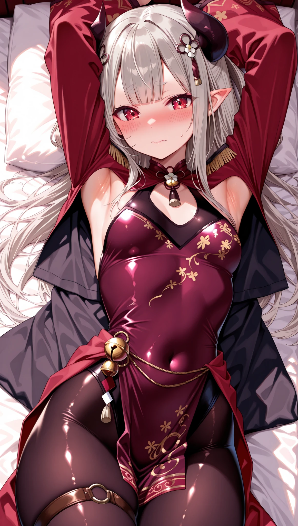 solo,masterpiece,best quality,super fine illustration、finely detail 、clear picture、UHD、HDR, amazing quality, highres, absurdres, very aesthetic, high resolution, ultra detailed, perfect details,(masterpiece, detailed:1.2)、nijinaraka,small breasts,red eyes,diamond-shaped pupils,symbol pupils,short eyebrows,grey hair,white hair,pointy ears,demon horns,long hair,hair rings,blunt bangs,hair ornament,nijinarakacos,black dress,print dress,leotard under clothes,pelvic curtain,red shrug\(clothing\),red jacket,crop top jacket,epaulettes,red sleeves,saggy sleeves,print sleeves,long sleeves,wide sleeves,ornament around waist,thigh band,jingle bell,black pantyhose,print pantyhose,,lie on own back,embarrassed、lie on own back,armpit focus,embarrassed、mature female、thick thighs