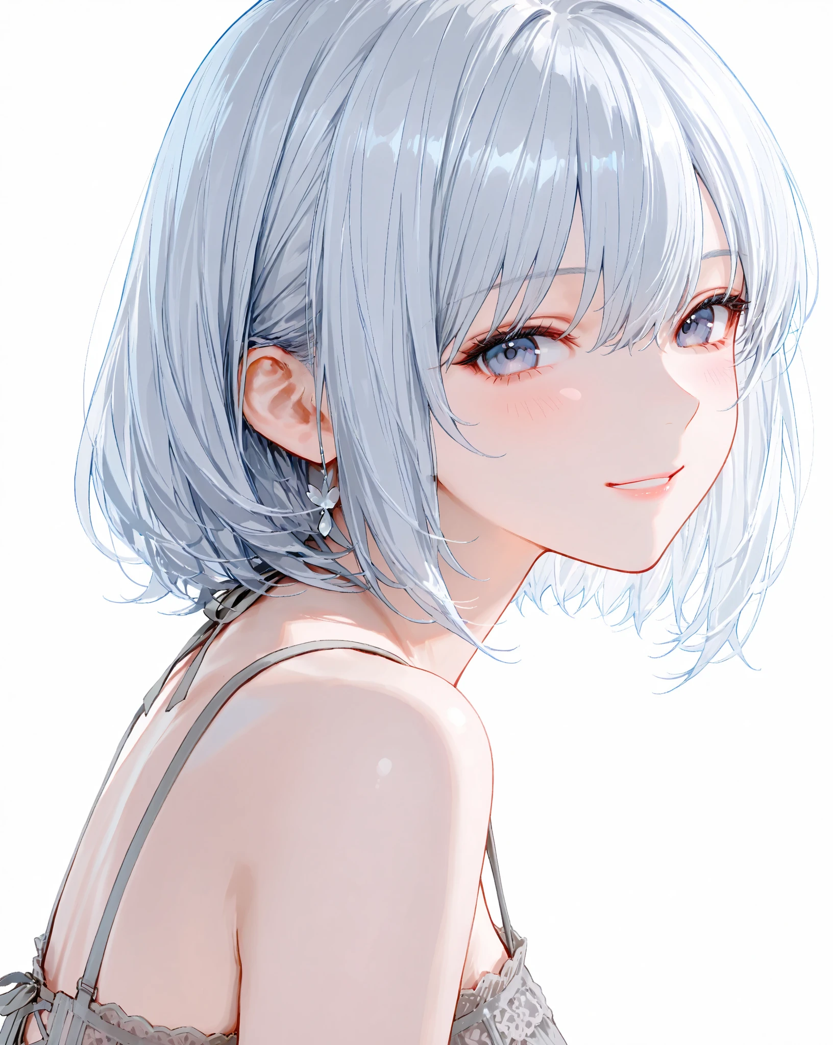 (((high resolution))),(original painting),(((short hair))),((silvery hair)),(oblique bangs),Air bangs,((((Wave head))),Glossy hair,(Extremely depicted hair),White dull hair,Hair details,Gorgeous eyes,(Fluffy hair),((Blue eyes)),((Imperial sister)),(Pupil))),Pupil highlight,(Gradient hair)),
(((detailed pupil portrayal)), fair skin, (beautiful girl), two-dimensional, anime, (celluloid style), a girl, (correct proportions), ((black lace underwear)), ((extremely portrayed facial features)), extremely portrayed hair, (extremely portrayed clothes), ((extremely portrayed hands)), (ultra-thin clothes), ((shy)), depicted delicate hands, correct hands,
(((High Quality)))), (((Masterpiece))) ((Best Quality)), Ultra Detailed)), (Illustration Super Fine), Rich Detail, Super Detail, Detail Depiction, Detailed Rendering, Beautiful Colors, (Perfect Figure), Interior Background, (Highlights), (Ultra HD Quality), (Background Detailing), (Correct Hand Characterization), (Eye Highlight), (Gradient Pupil Color), ((Cute)), (Charming Smile),