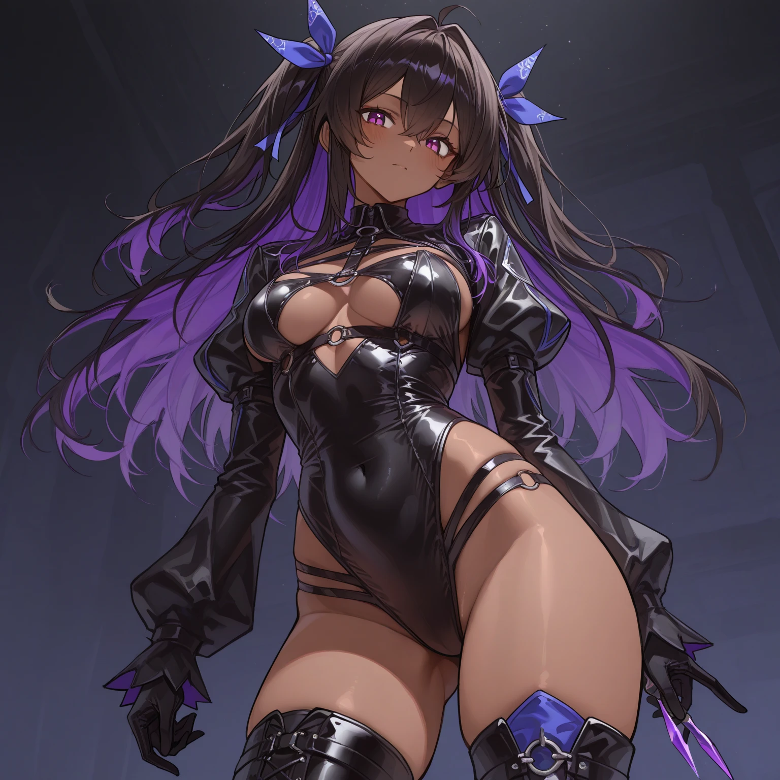 A woman with 1,70 tall, with black wavy hair with white highlights, anime style purple eyes, perfect figure