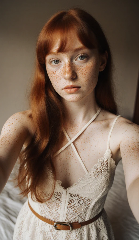 1 girl age 27, wearing dress, solo, aesthetic artwork, irish redhead, long wavy ginger hair, grayeyes light, some small freckles, pale skin, G-cup, huge breasts, slim body, runners body, (textured skin, skin pores:1,1), (moles:0,8), imperfect skin, (extremely detailed 8K wallpaper),soft lighting, high quality, film grain, fujifilm XT3 sharp focus, f 5.6, 50mm, high detailed, sharp focus, dress wearing, high detailed, complex details, background is bazaar 